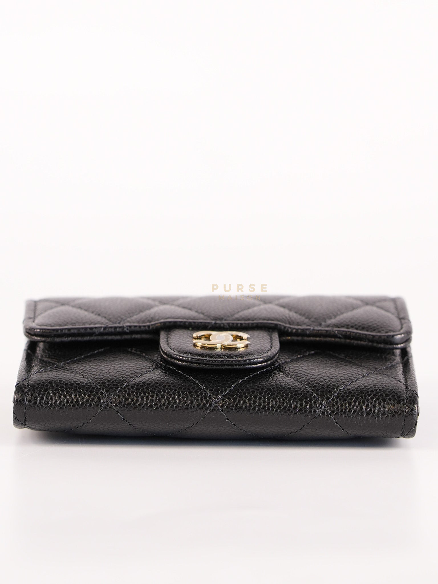 Classic Flap Card Holder in Black Caviar Leather and Light Gold Hardware (New Version with Zipper) (Microchip) | Purse Maison Luxury Bags Shop