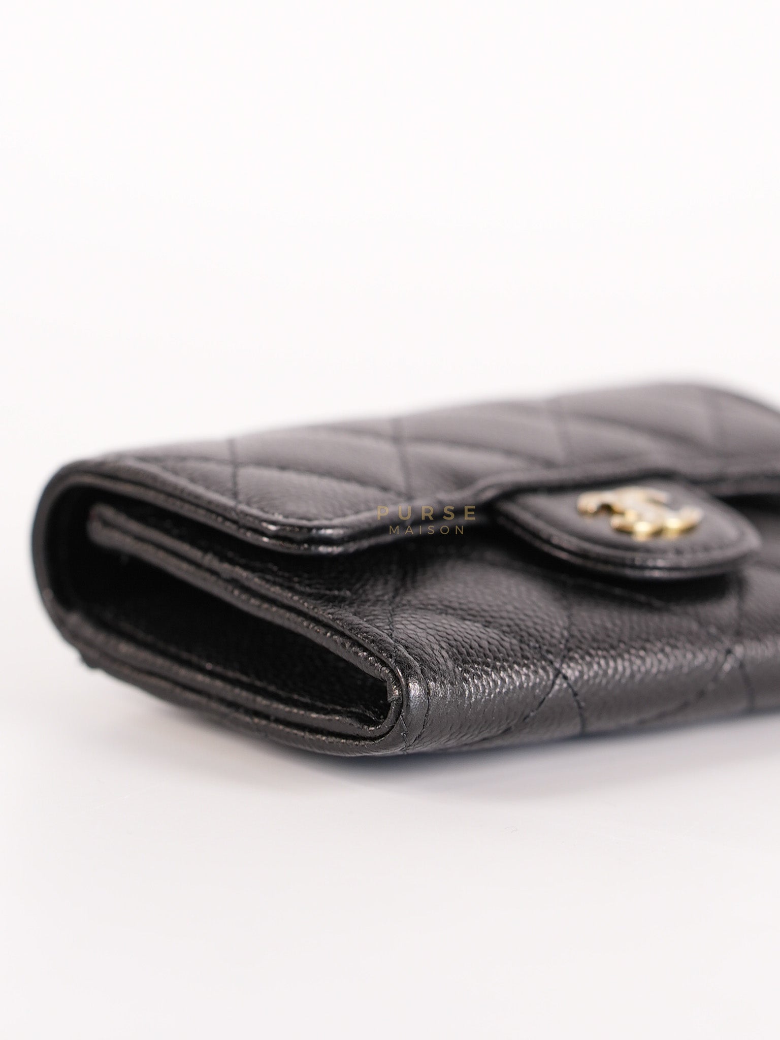 Classic Flap Card Holder in Black Caviar Leather and Light Gold Hardware (New Version with Zipper) (Microchip) | Purse Maison Luxury Bags Shop