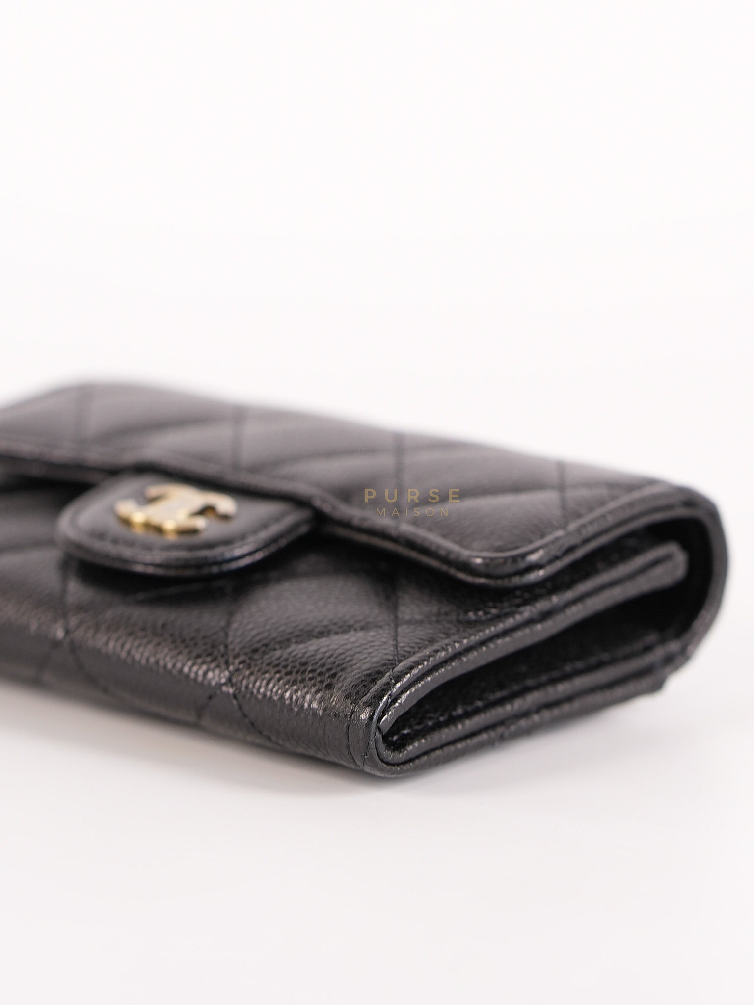 Classic Flap Card Holder in Black Caviar Leather and Light Gold Hardware (New Version with Zipper) (Microchip) | Purse Maison Luxury Bags Shop