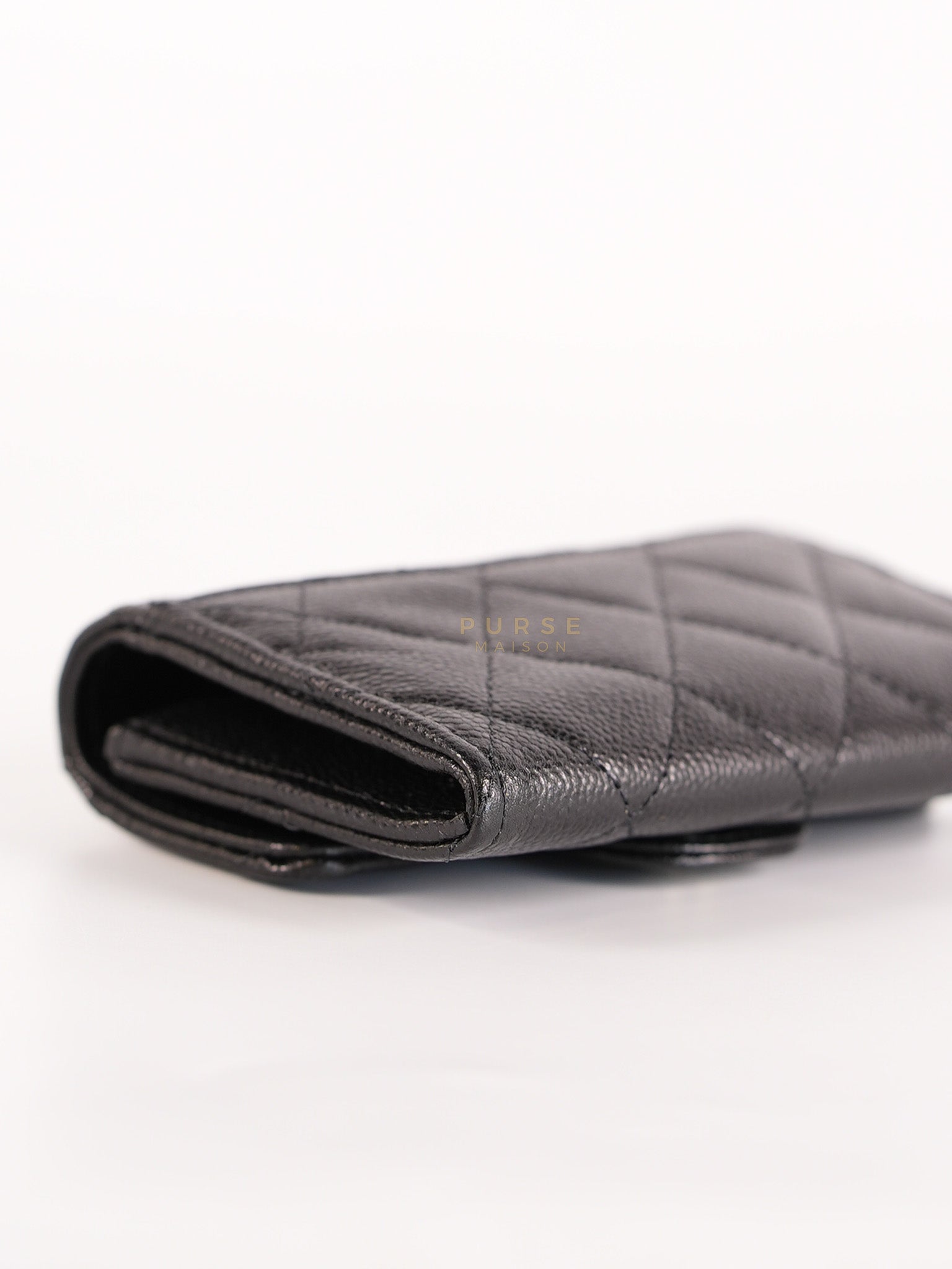 Classic Flap Card Holder in Black Caviar Leather and Light Gold Hardware (New Version with Zipper) (Microchip) | Purse Maison Luxury Bags Shop