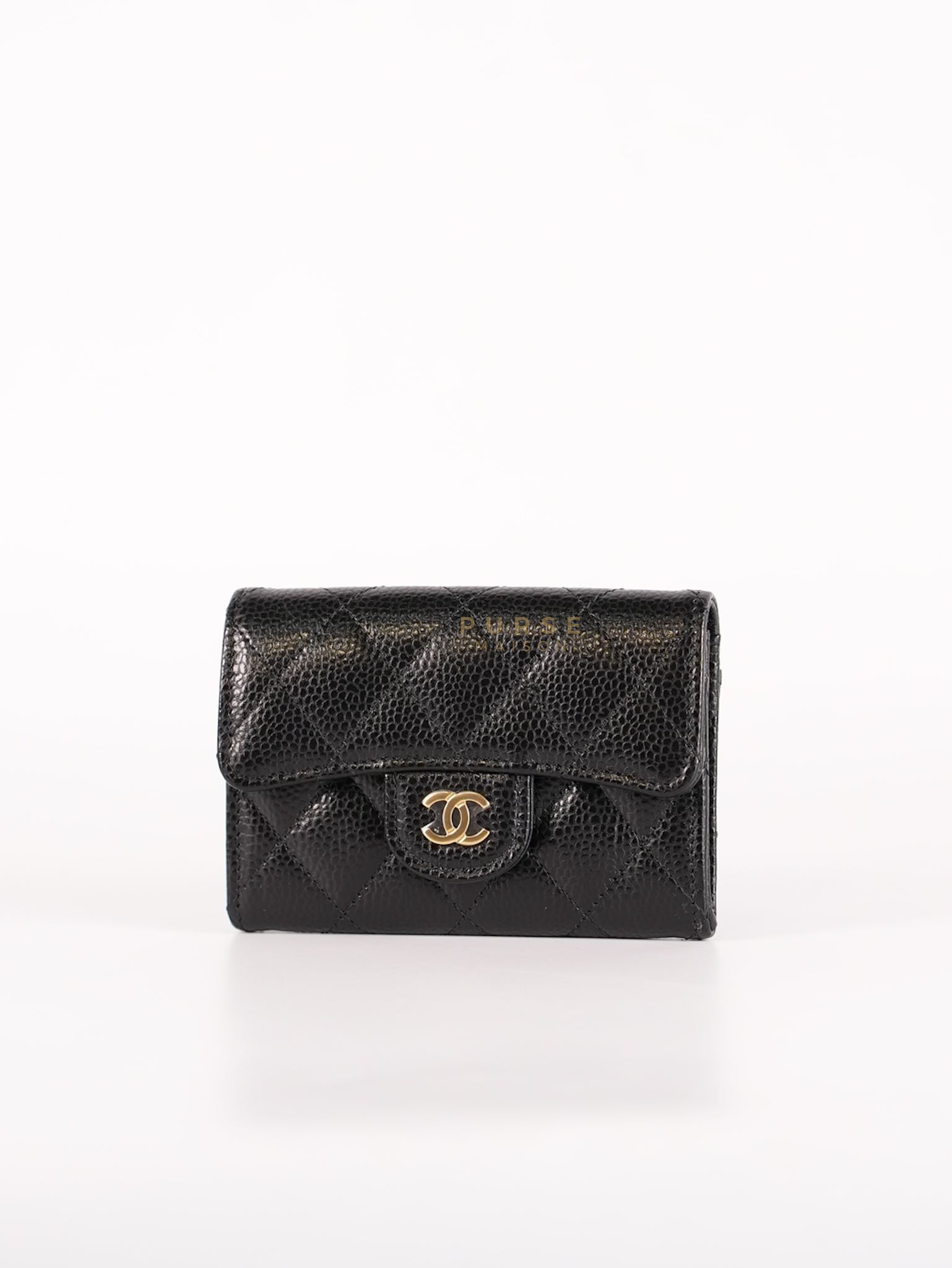 Classic Flap Card Holder in Black Caviar Leather and Light Gold Hardware (New Version with Zipper) (Microchip) | Purse Maison Luxury Bags Shop