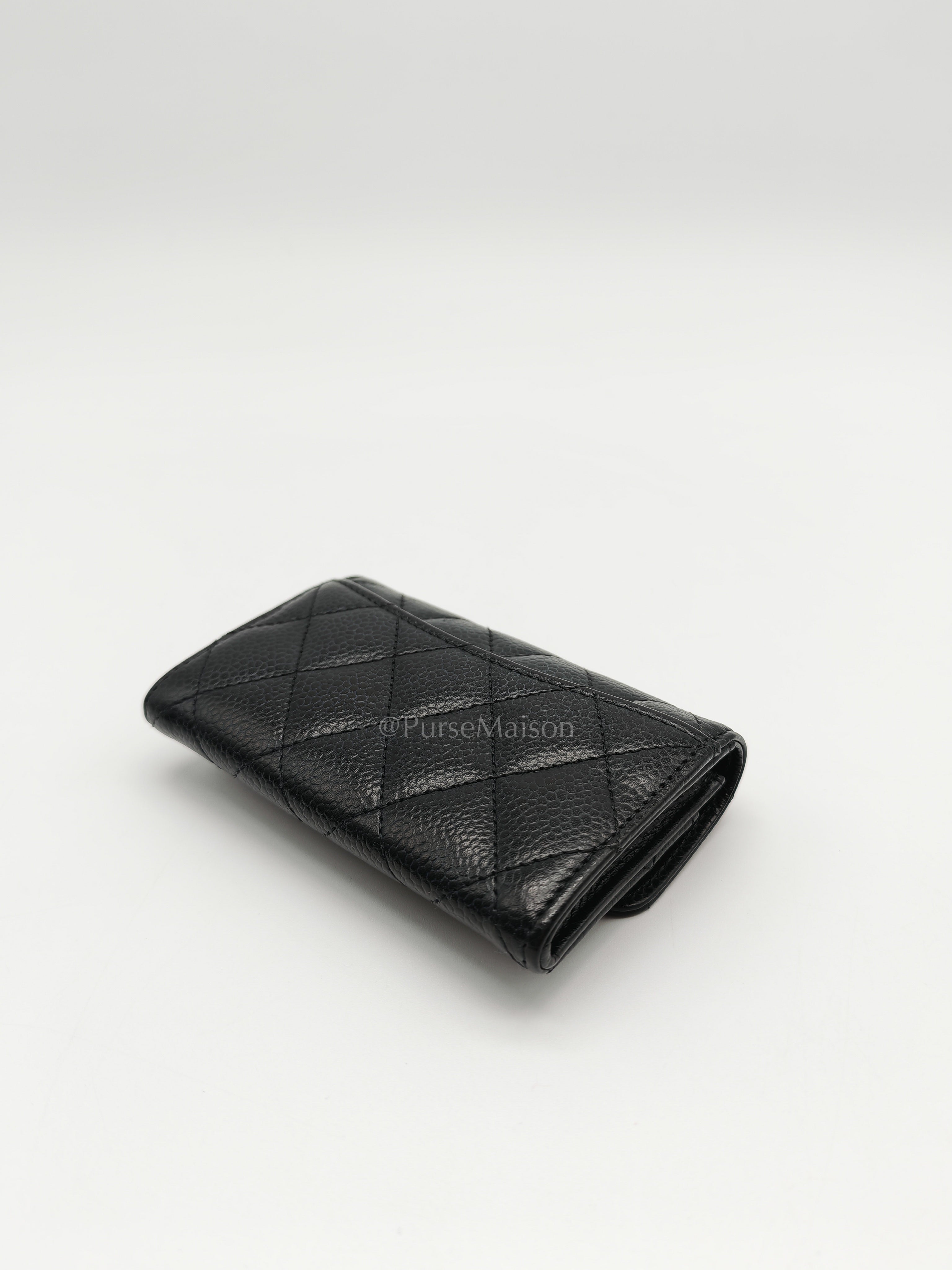 Classic Flap Card Holder in Black Quilted Caviar Leather and Gold Hardware Microchip | Purse Maison Luxury Bags Shop