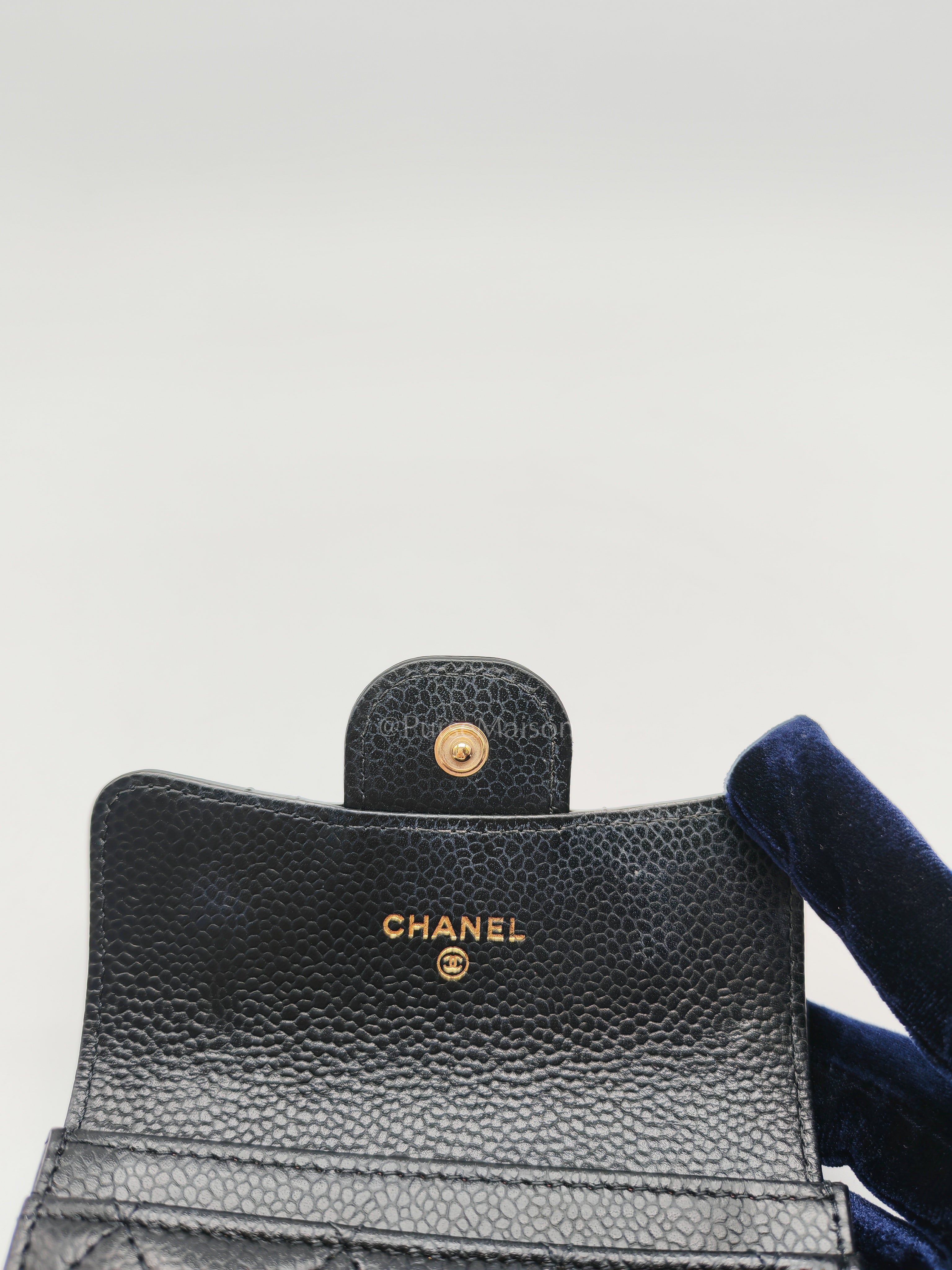 Classic Flap Card Holder in Black Quilted Caviar Leather and Gold Hardware Microchip | Purse Maison Luxury Bags Shop
