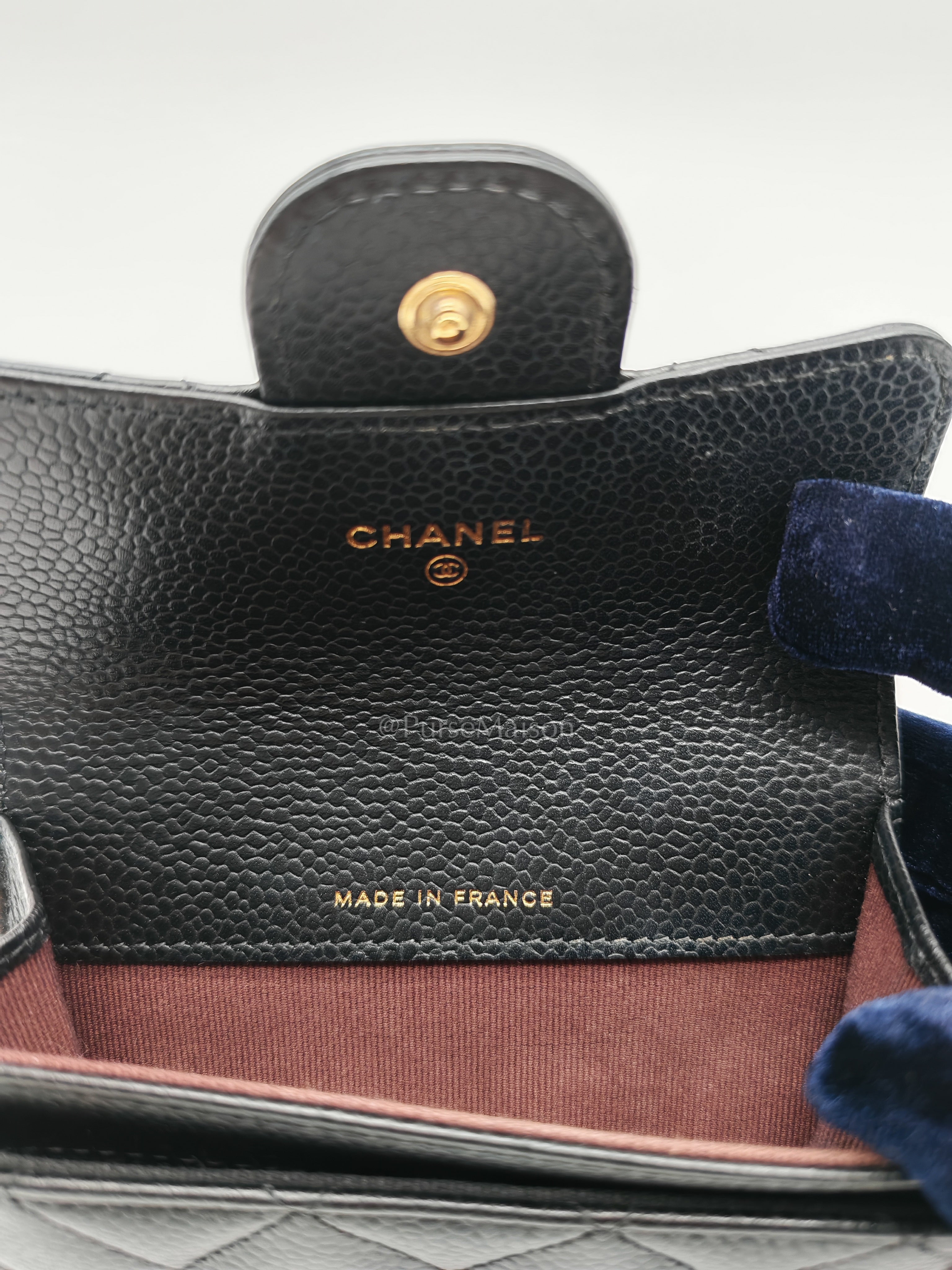Classic Flap Card Holder in Black Quilted Caviar Leather and Gold Hardware Microchip | Purse Maison Luxury Bags Shop