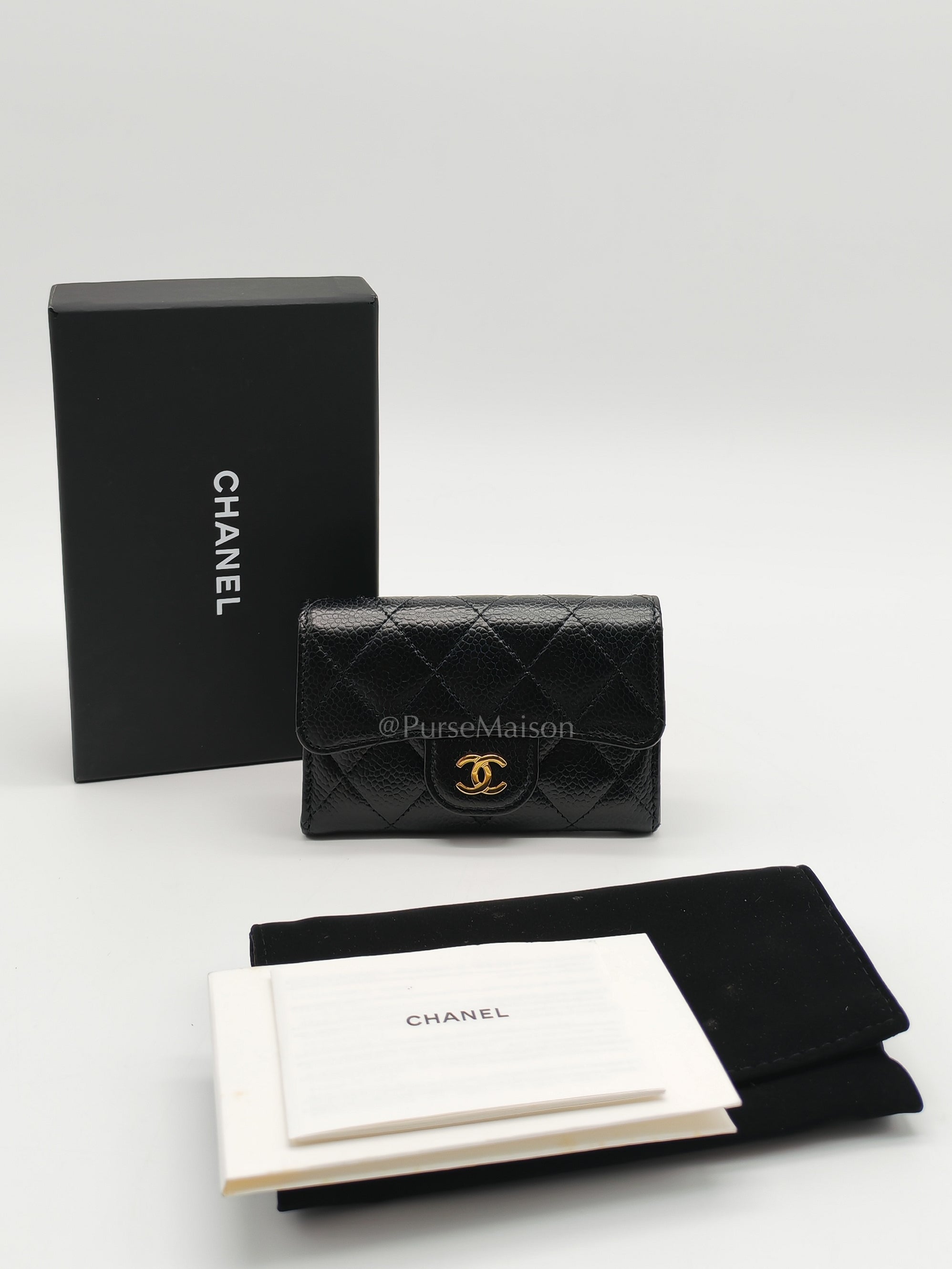 Classic Flap Card Holder in Black Quilted Caviar Leather and Gold Hardware Microchip | Purse Maison Luxury Bags Shop