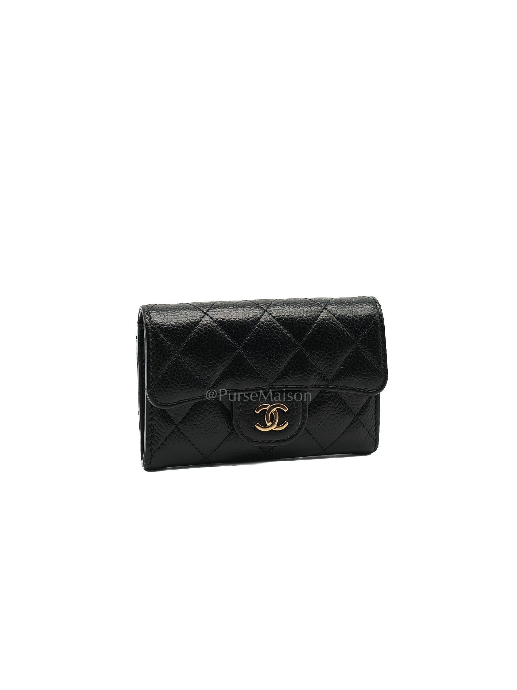 Classic Flap Card Holder in Black Quilted Caviar Leather and Gold Hardware Microchip | Purse Maison Luxury Bags Shop