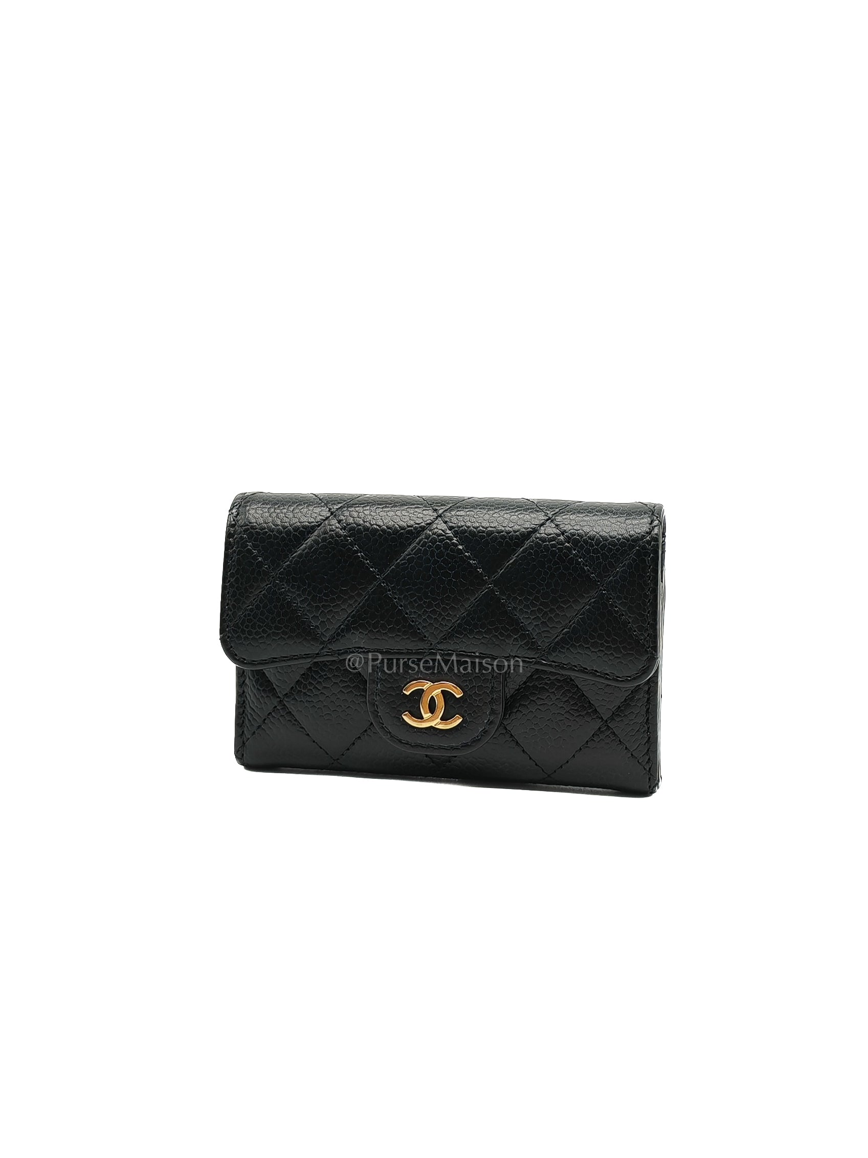 Classic Flap Card Holder in Black Quilted Caviar Leather and Gold Hardware Microchip | Purse Maison Luxury Bags Shop