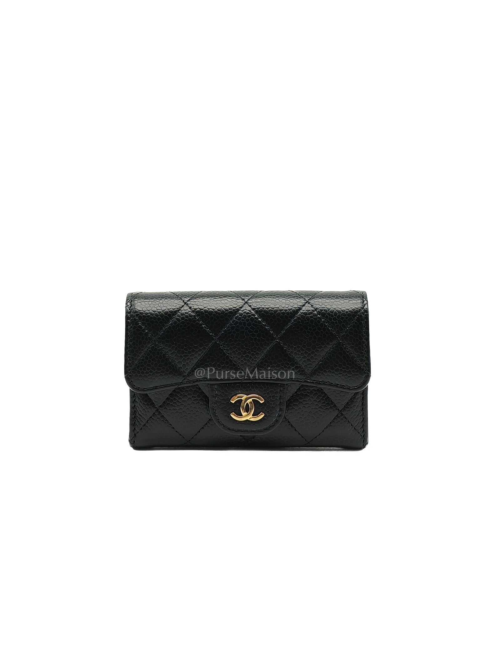 Classic Flap Card Holder in Black Quilted Caviar Leather and Gold Hardware Microchip | Purse Maison Luxury Bags Shop