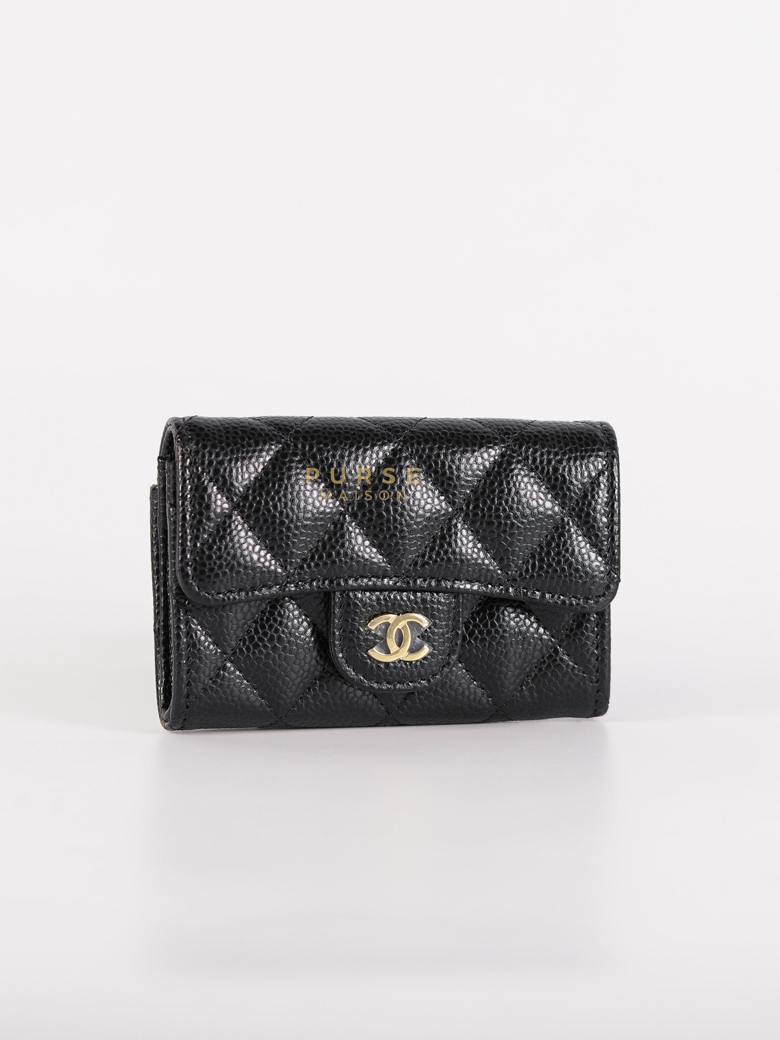 Classic Flap Card Holder in Black Quilted Caviar Leather & Gold Hardware Microchip | Purse Maison Luxury Bags Shop