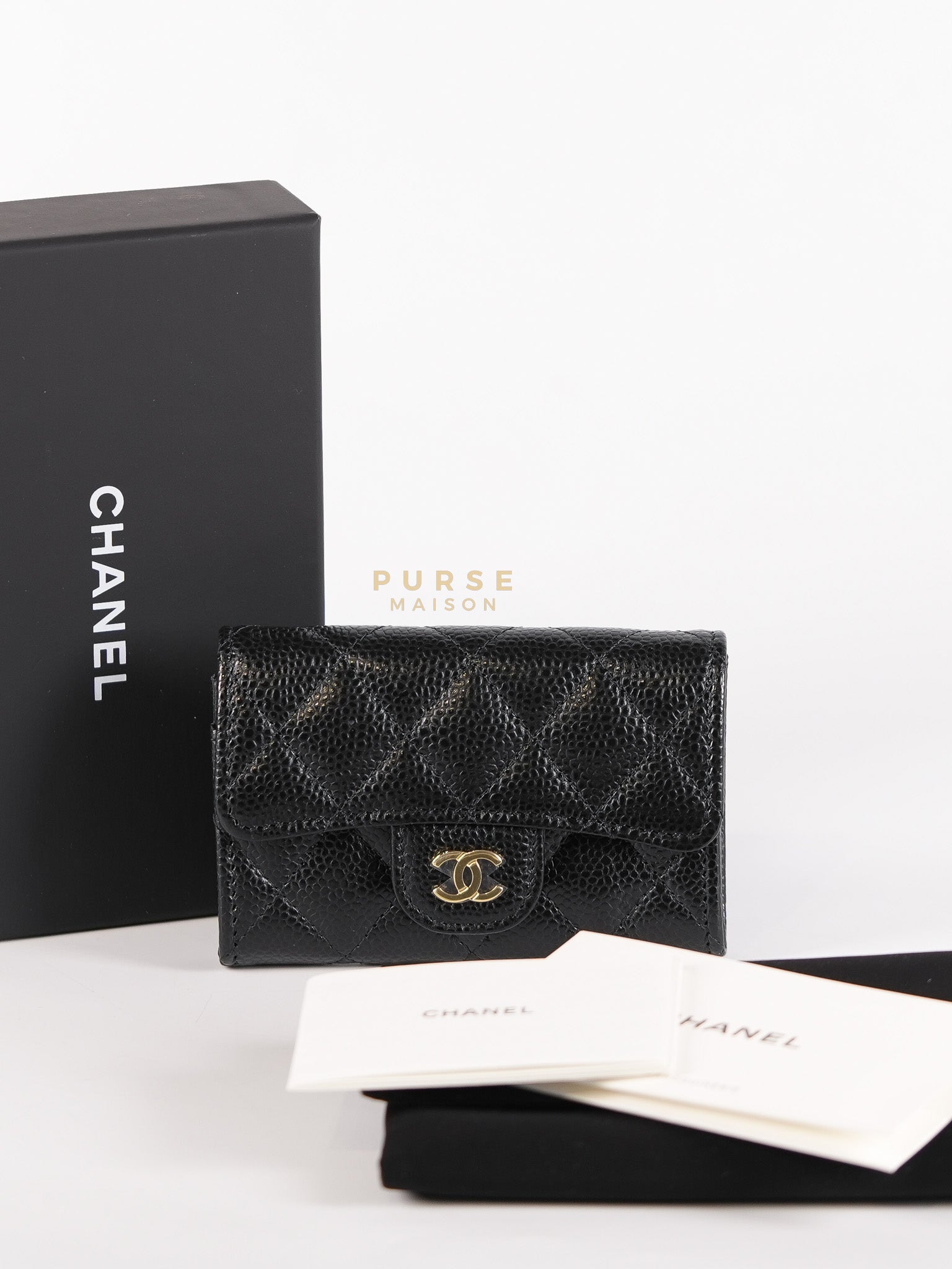 Classic Flap Card Holder in Black Quilted Caviar Leather & Gold Hardware Microchip | Purse Maison Luxury Bags Shop