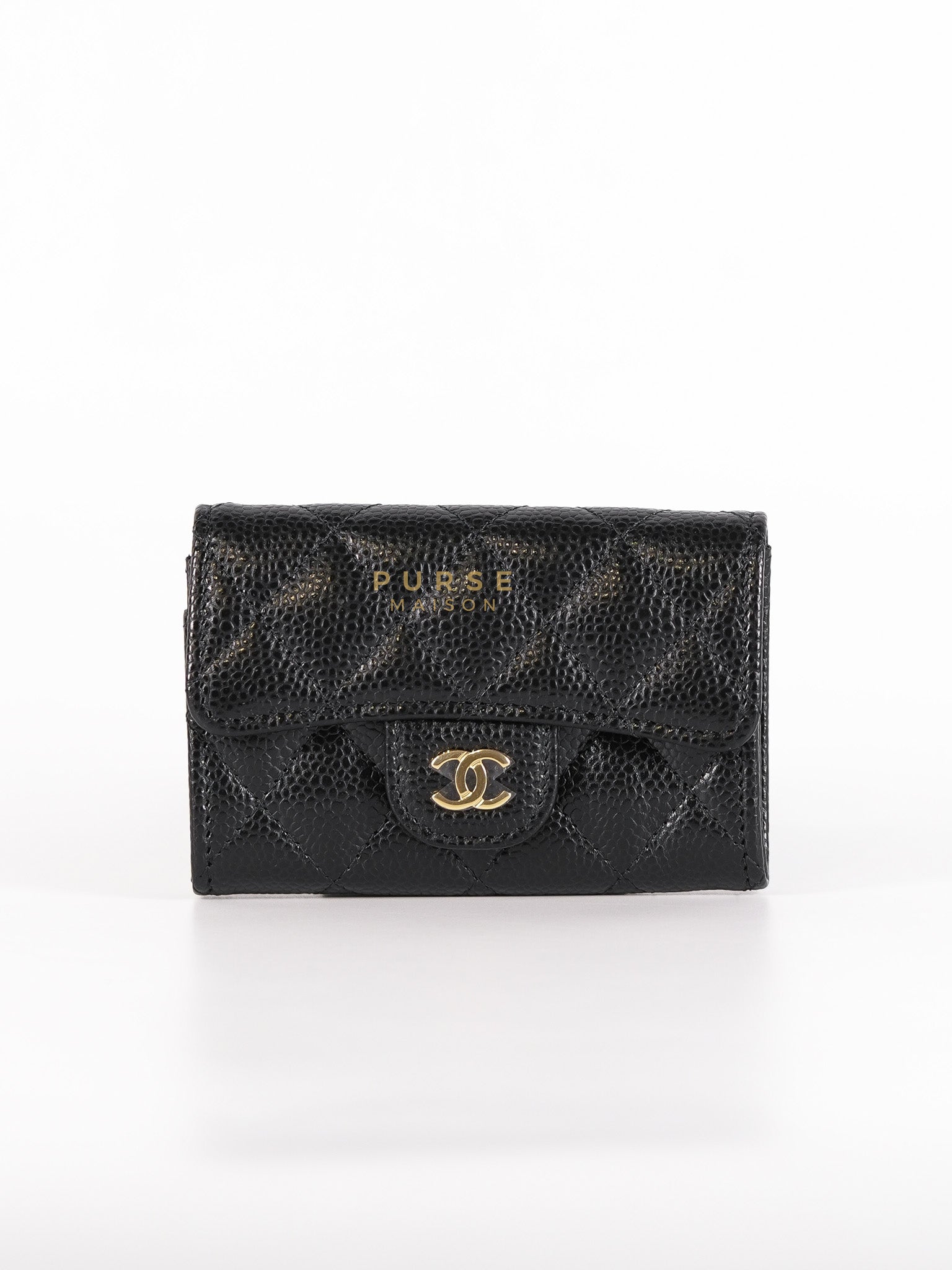 Classic Flap Card Holder in Black Quilted Caviar Leather & Gold Hardware Microchip | Purse Maison Luxury Bags Shop