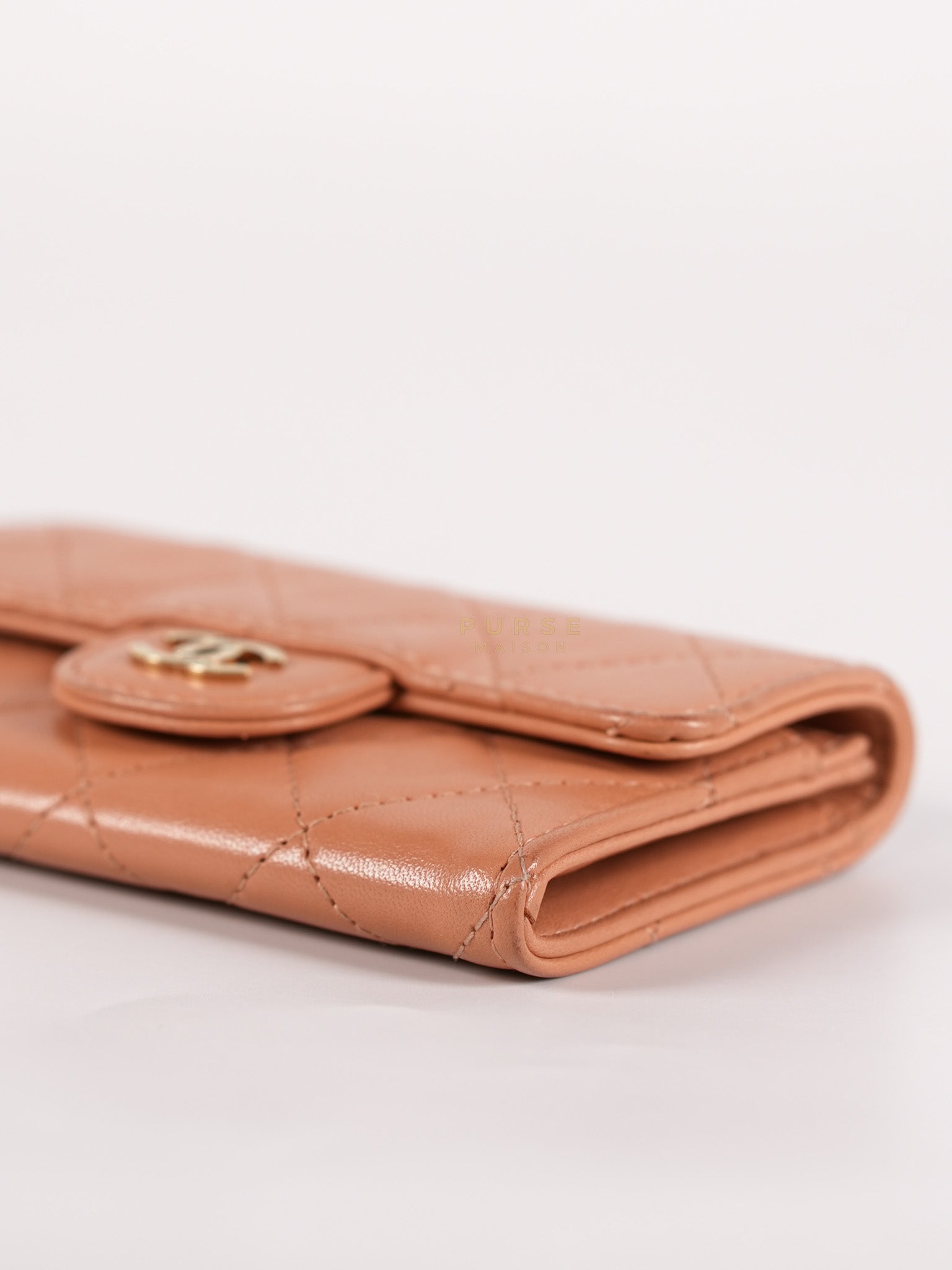 Classic Flap Card Holder in Peach Lambskin Leather and Light Gold Hardware Series 25 | Purse Maison Luxury Bags Shop