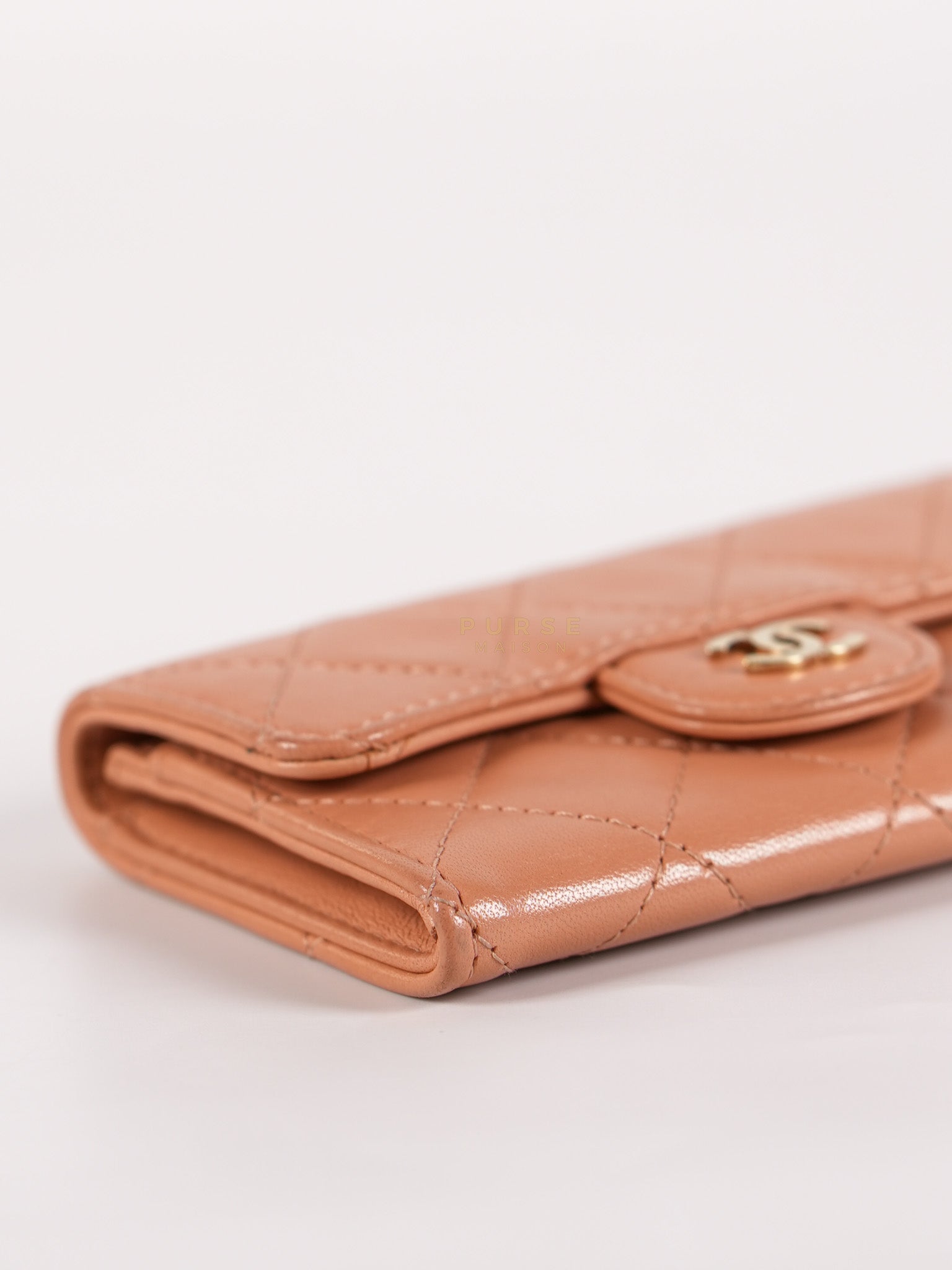Classic Flap Card Holder in Peach Lambskin Leather and Light Gold Hardware Series 25 | Purse Maison Luxury Bags Shop