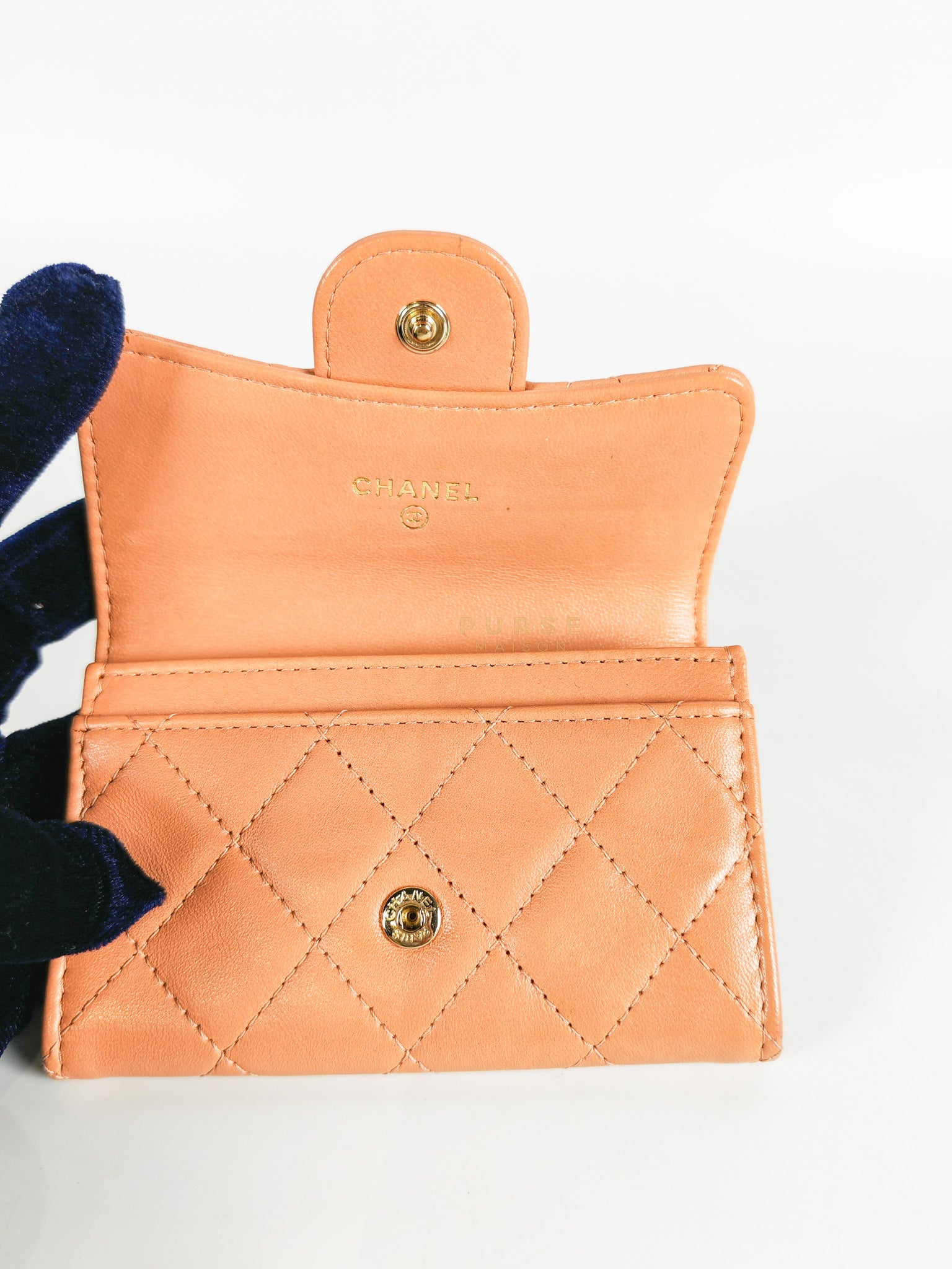 Classic Flap Card Holder in Peach Lambskin Leather and Light Gold Hardware Series 25 | Purse Maison Luxury Bags Shop