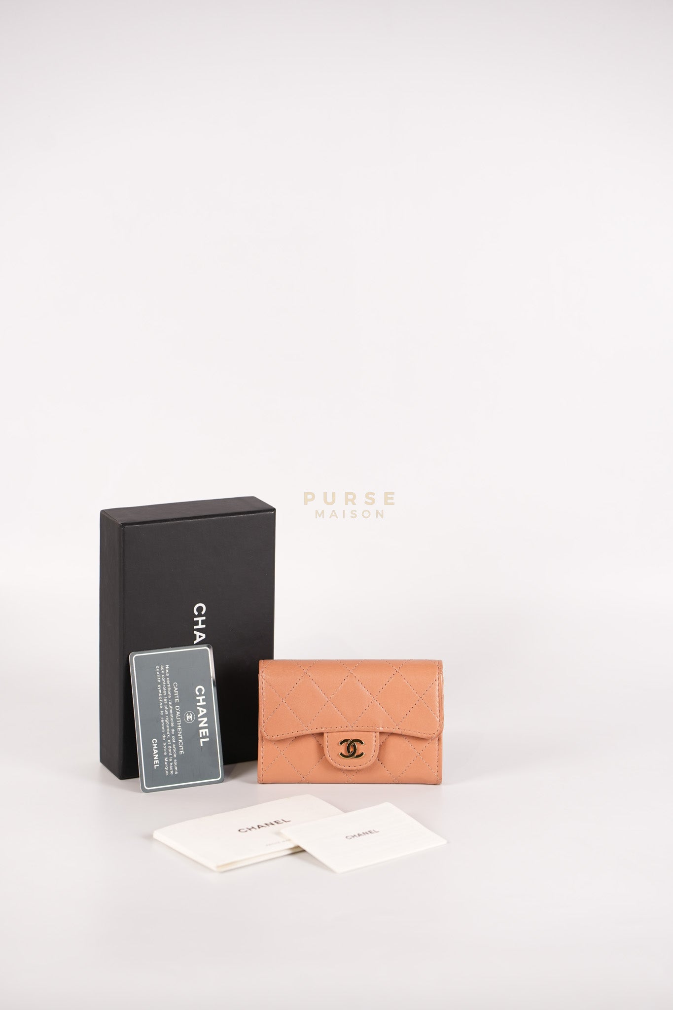 Classic Flap Card Holder in Peach Lambskin Leather and Light Gold Hardware Series 25 | Purse Maison Luxury Bags Shop