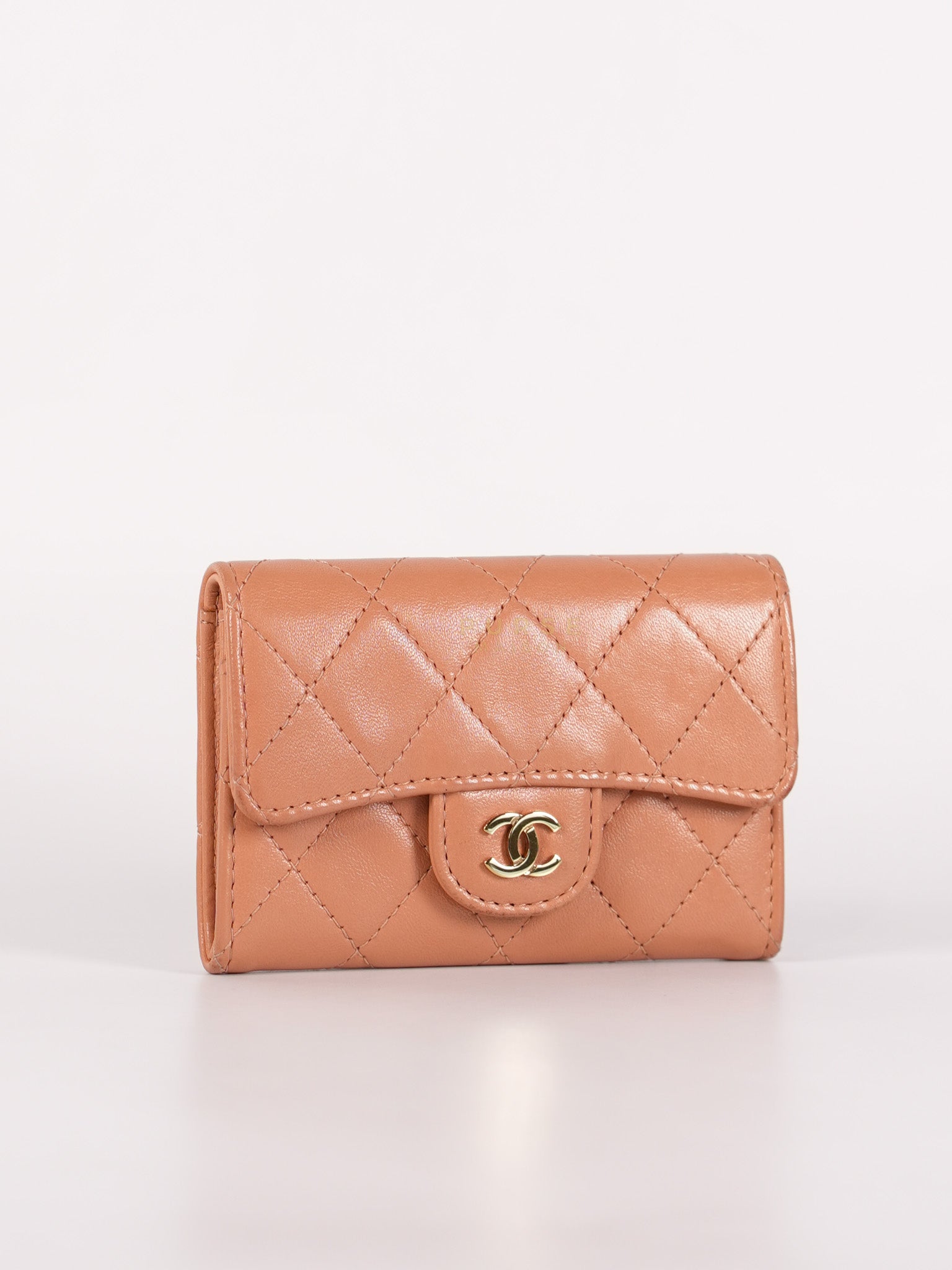 Classic Flap Card Holder in Peach Lambskin Leather and Light Gold Hardware Series 25 | Purse Maison Luxury Bags Shop