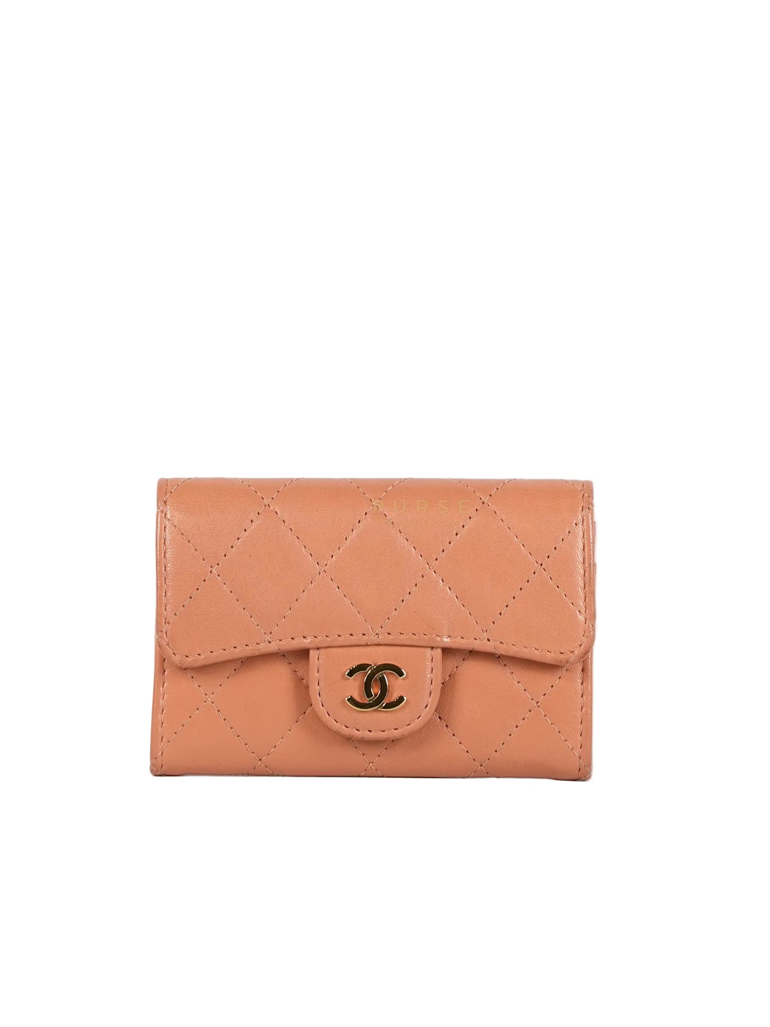 Classic Flap Card Holder in Peach Lambskin Leather and Light Gold Hardware Series 25 | Purse Maison Luxury Bags Shop