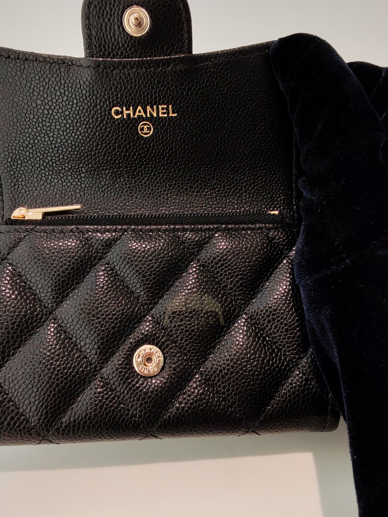 Classic Flap Card Holder with Zipper in Black Caviar Leather & Light Gold Hardware Microchip(HP****K8) | Purse Maison Luxury Bags Shop