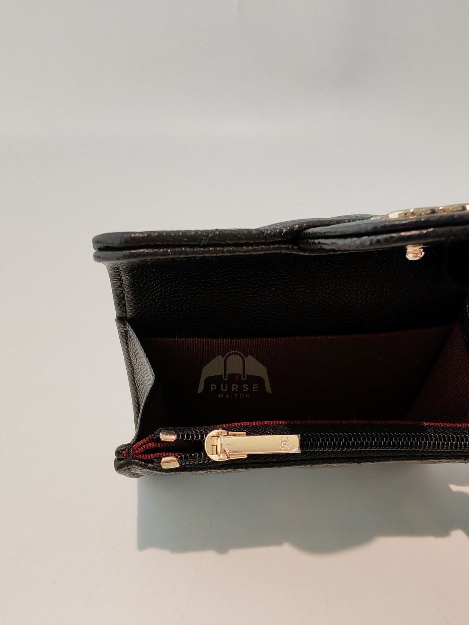 Classic Flap Card Holder with Zipper in Black Caviar Leather & Light Gold Hardware Microchip(HP****K8) | Purse Maison Luxury Bags Shop