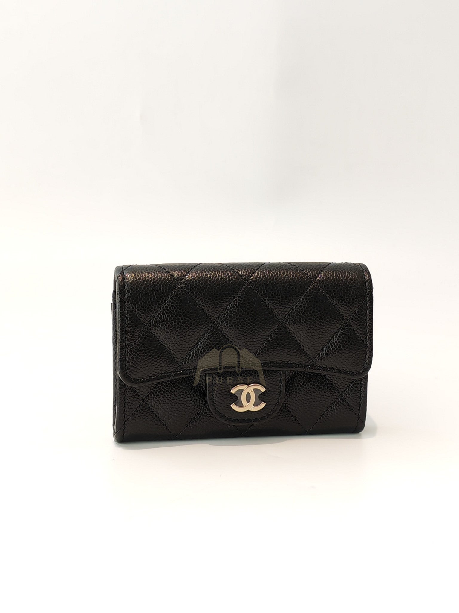 Classic Flap Card Holder with Zipper in Black Caviar Leather & Light Gold Hardware Microchip(HP****K8) | Purse Maison Luxury Bags Shop