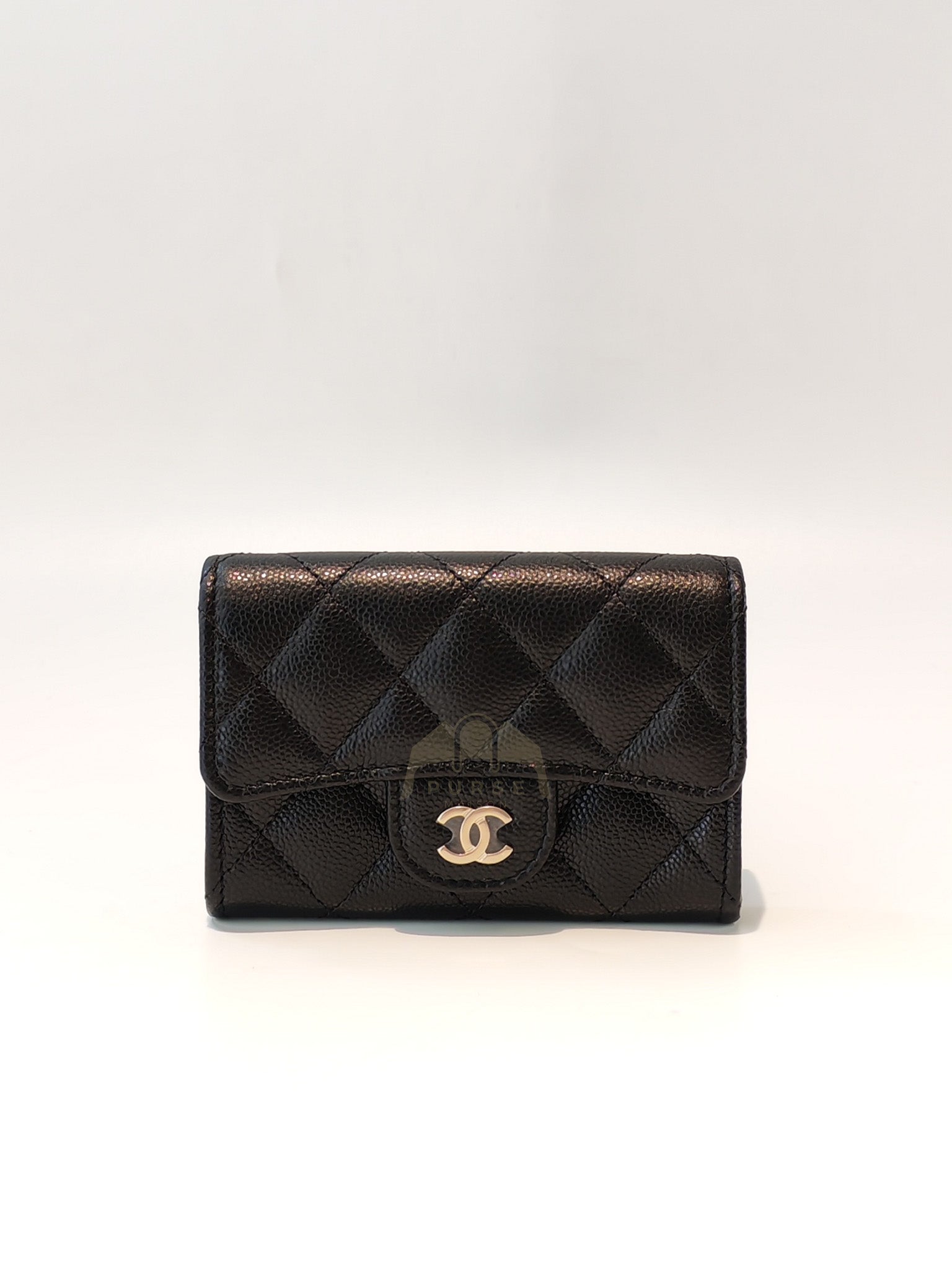 Classic Flap Card Holder with Zipper in Black Caviar Leather & Light Gold Hardware Microchip(HP****K8) | Purse Maison Luxury Bags Shop