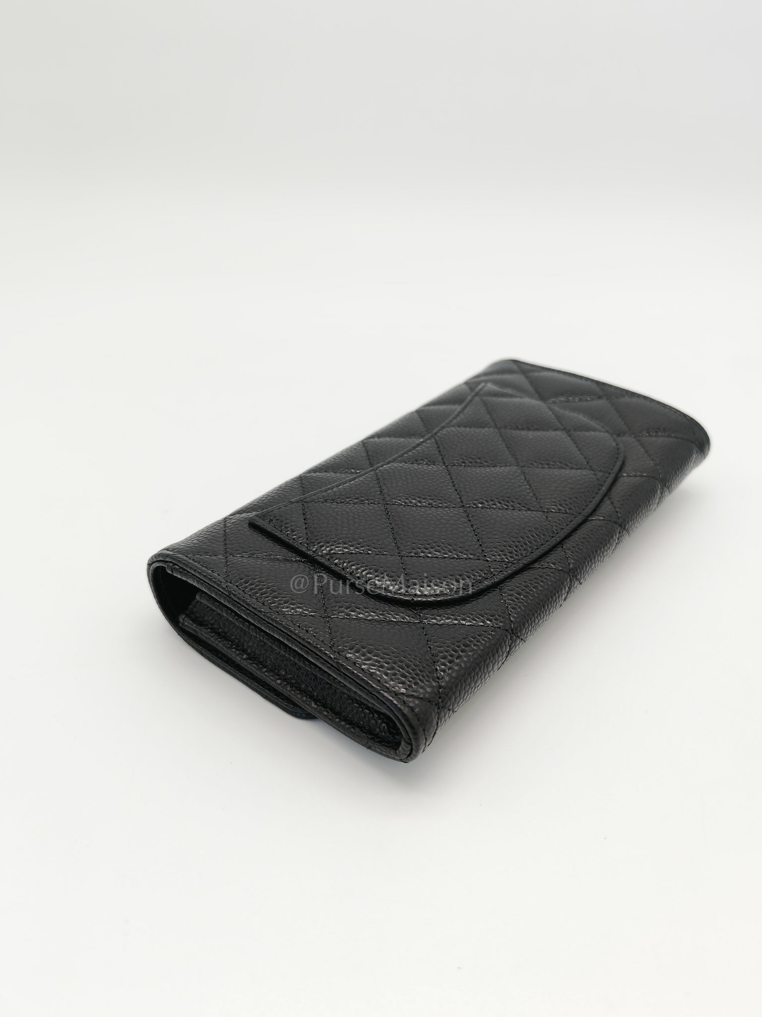 Classic Flap Long Wallet Black Caviar Leather in Light Gold Hardware (Microchip) | Purse Maison Luxury Bags Shop