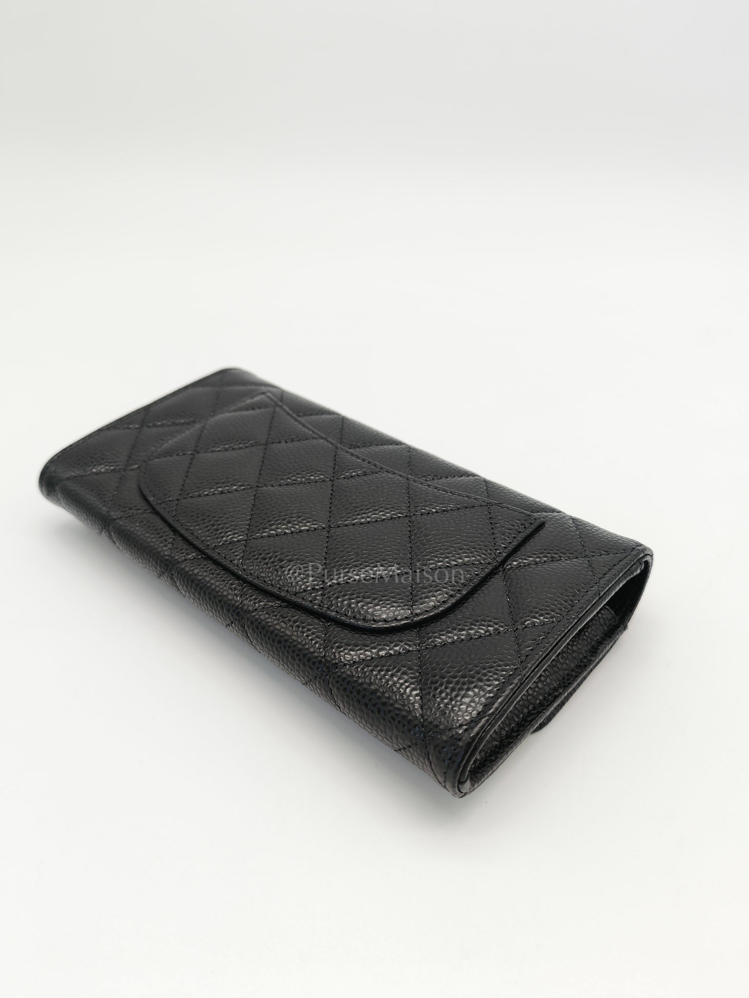 Classic Flap Long Wallet Black Caviar Leather in Light Gold Hardware (Microchip) | Purse Maison Luxury Bags Shop