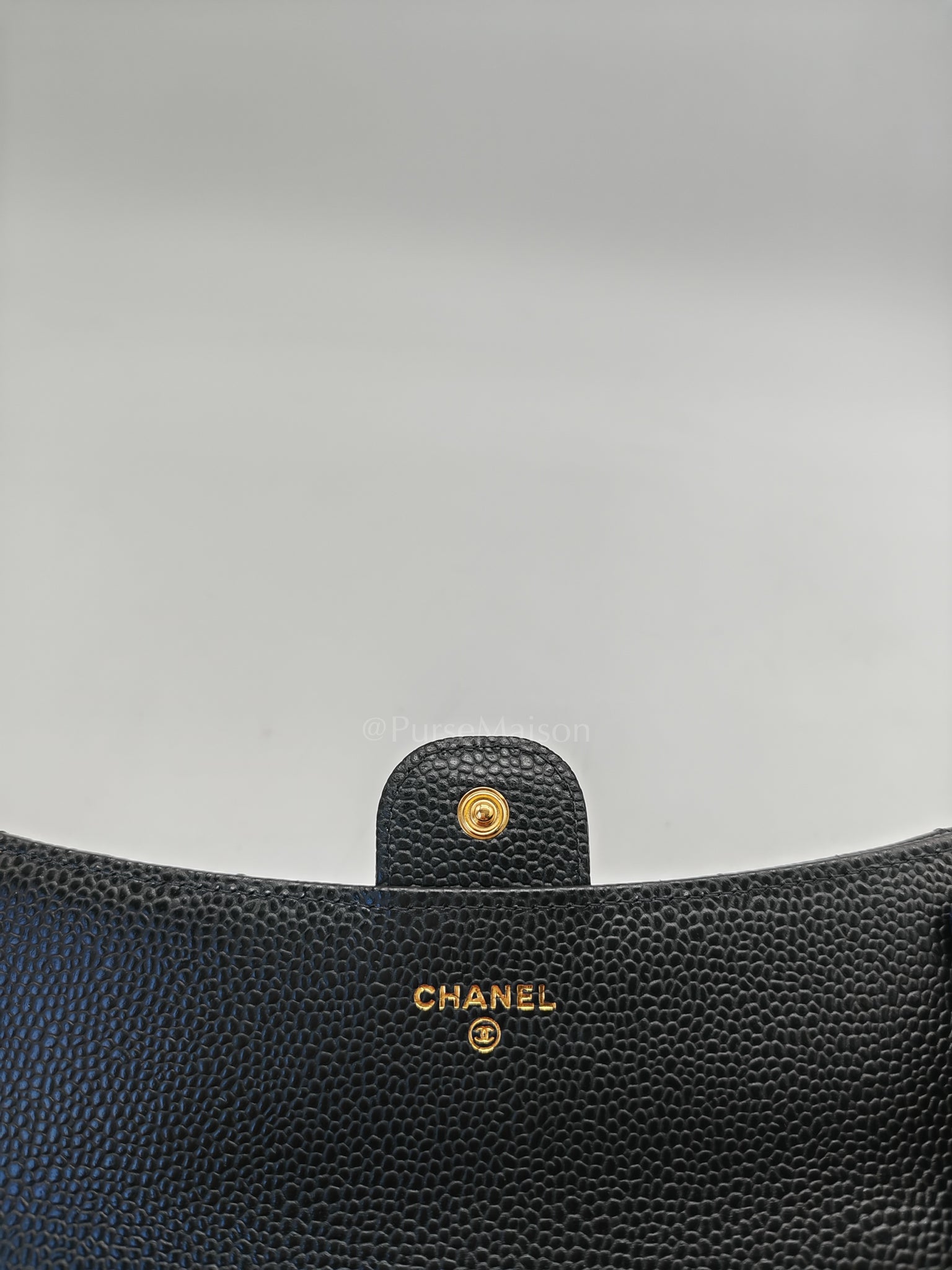 Classic Flap Long Wallet Black Caviar Leather in Light Gold Hardware (Microchip) | Purse Maison Luxury Bags Shop