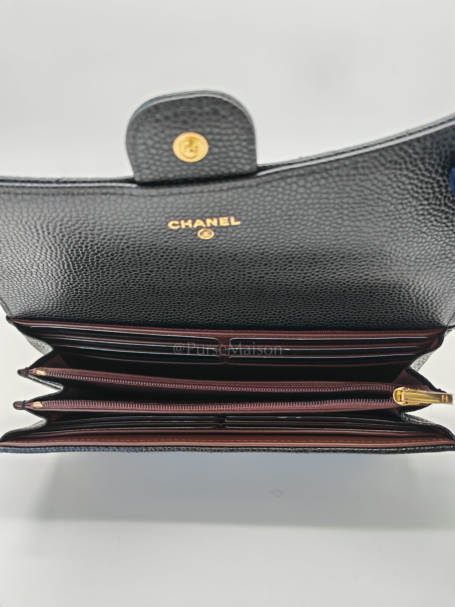 Classic Flap Long Wallet Black Caviar Leather in Light Gold Hardware (Microchip) | Purse Maison Luxury Bags Shop