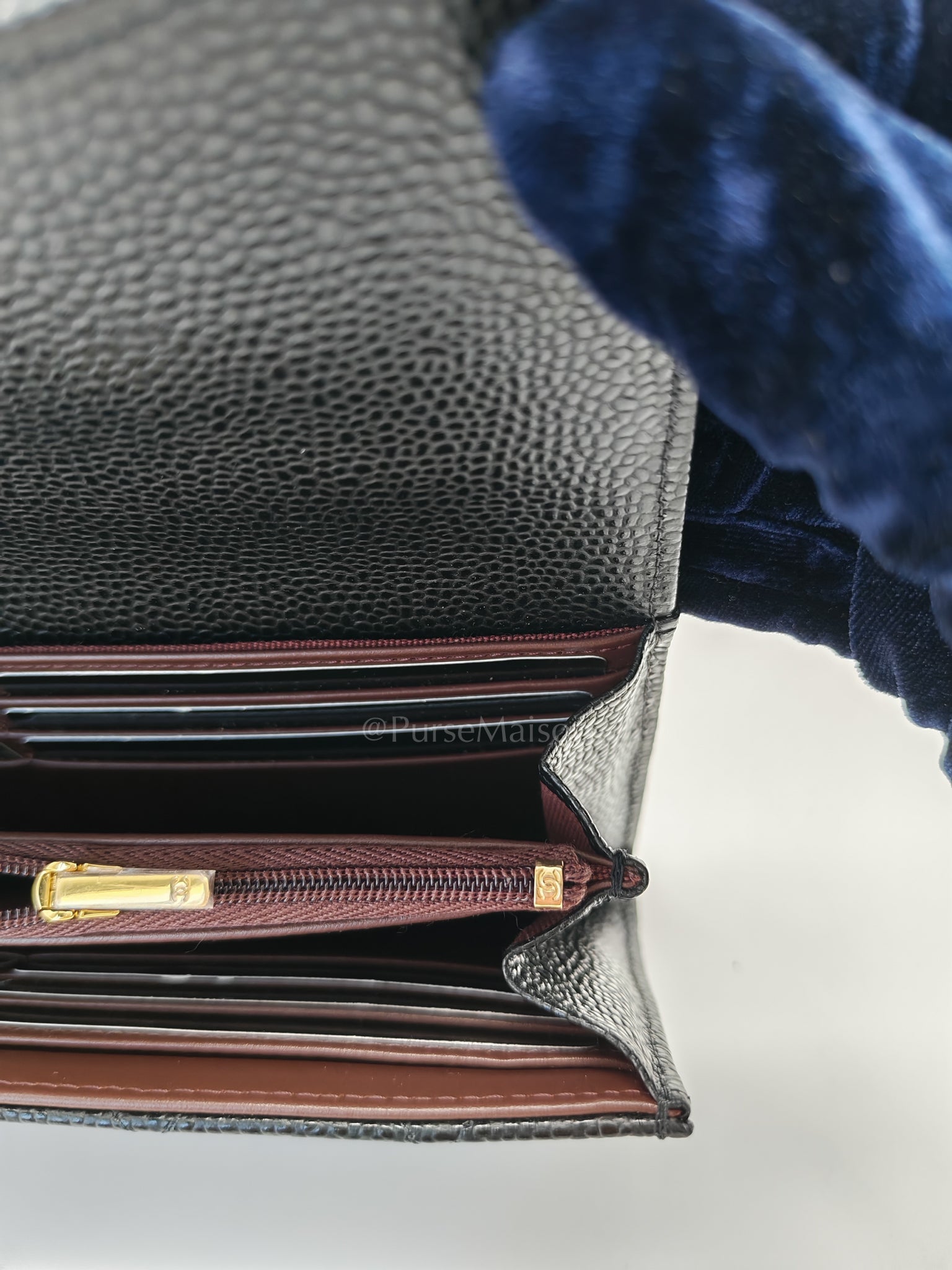 Classic Flap Long Wallet Black Caviar Leather in Light Gold Hardware (Microchip) | Purse Maison Luxury Bags Shop