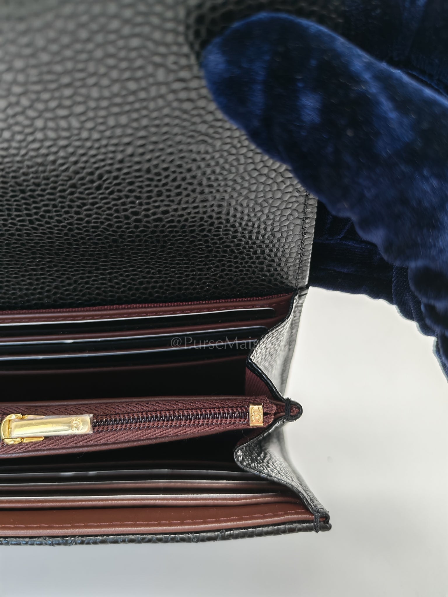 Classic Flap Long Wallet Black Caviar Leather in Light Gold Hardware (Microchip) | Purse Maison Luxury Bags Shop