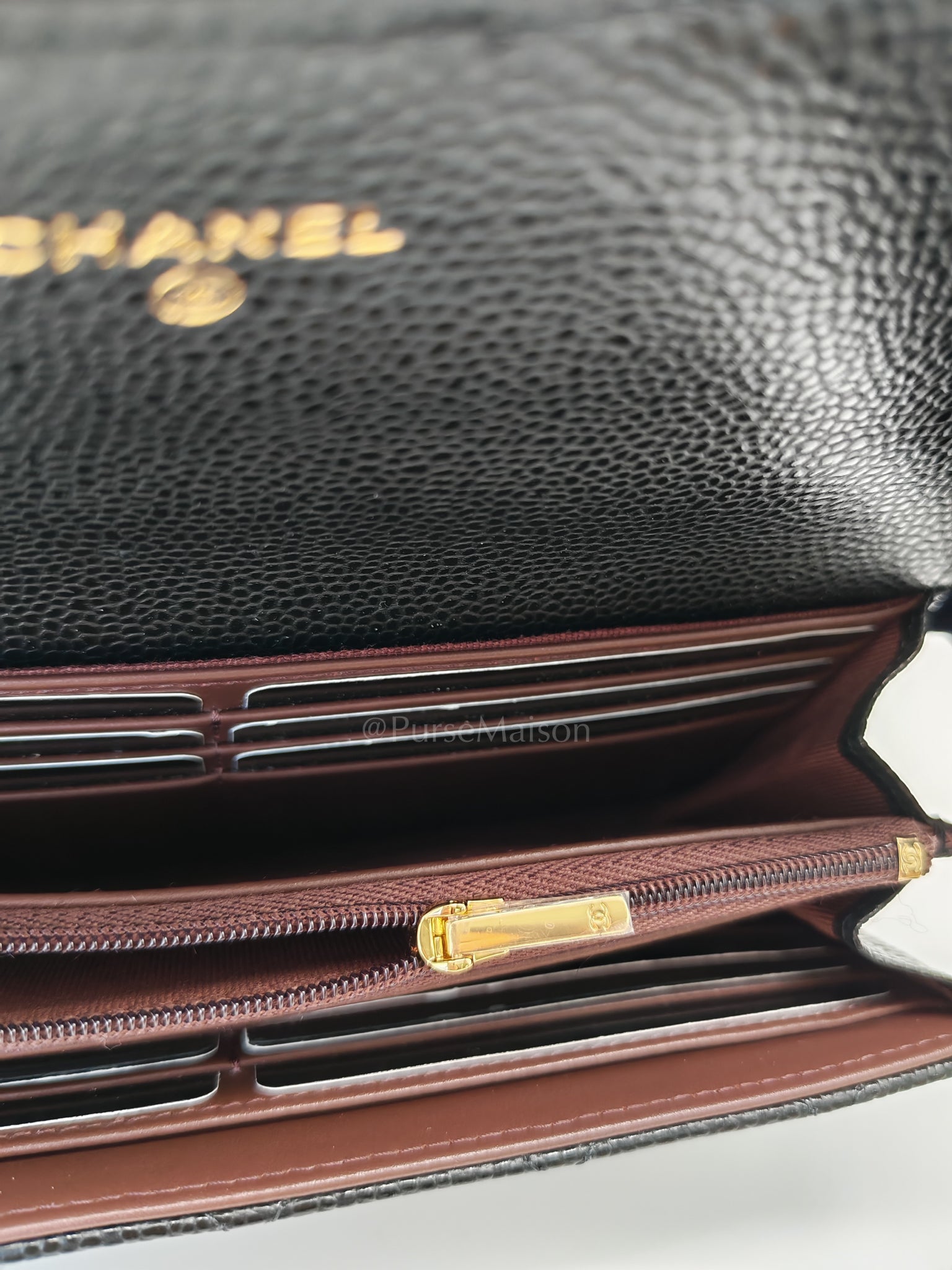 Classic Flap Long Wallet Black Caviar Leather in Light Gold Hardware (Microchip) | Purse Maison Luxury Bags Shop