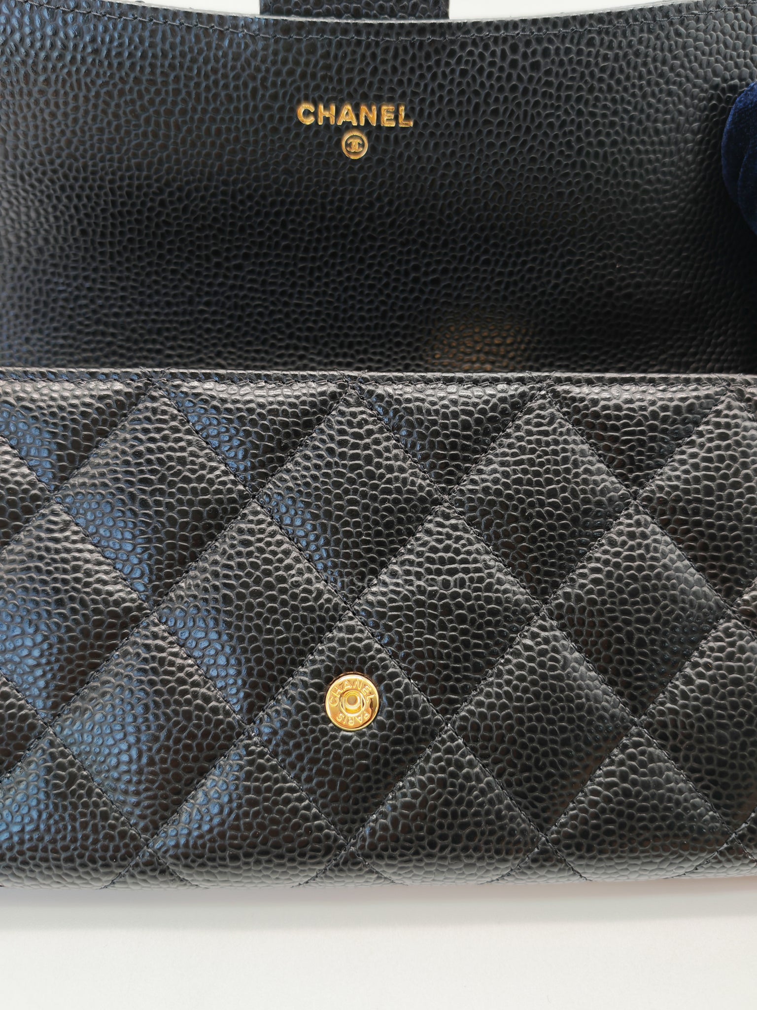 Classic Flap Long Wallet Black Caviar Leather in Light Gold Hardware (Microchip) | Purse Maison Luxury Bags Shop