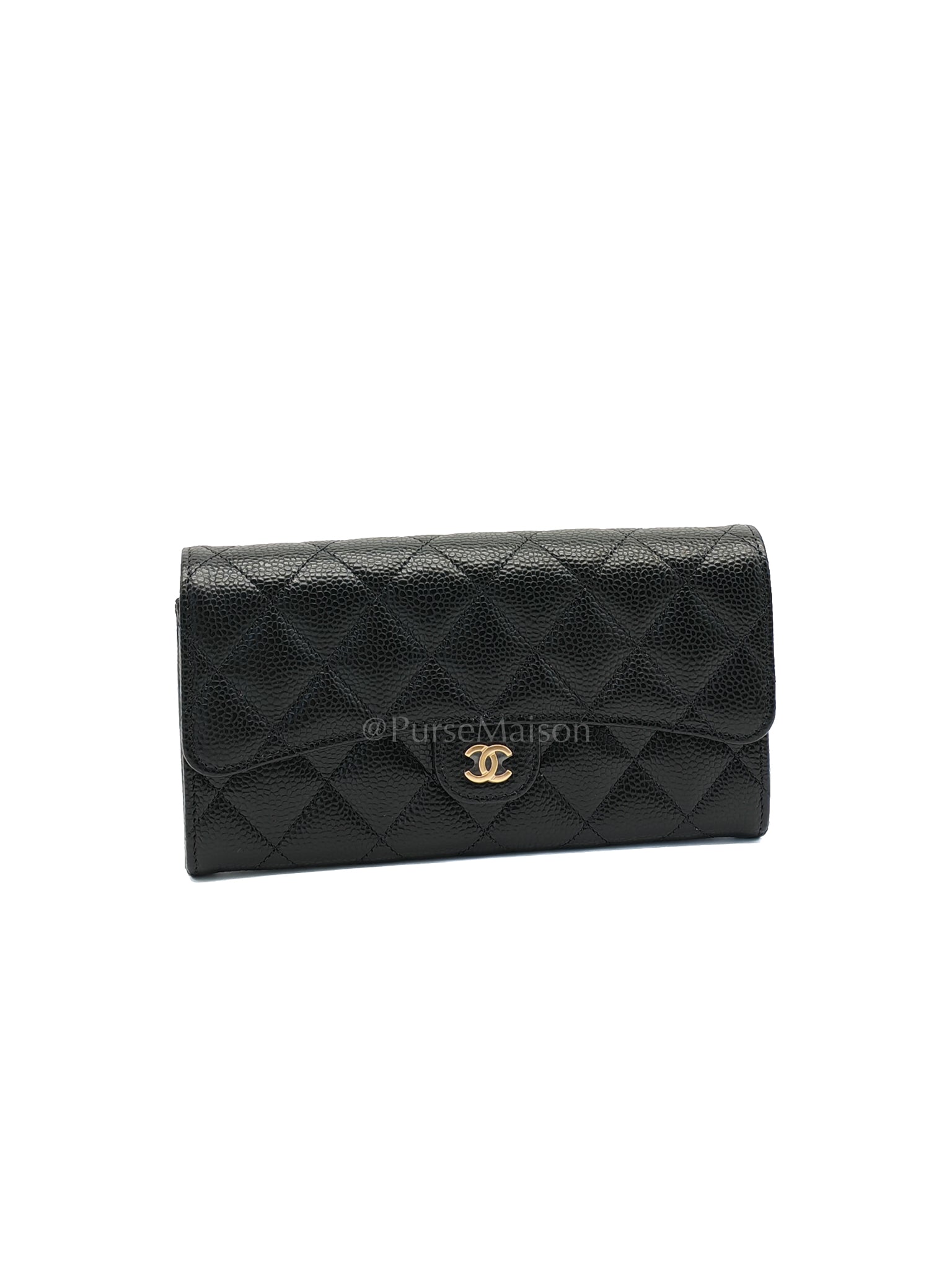 Classic Flap Long Wallet Black Caviar Leather in Light Gold Hardware (Microchip) | Purse Maison Luxury Bags Shop