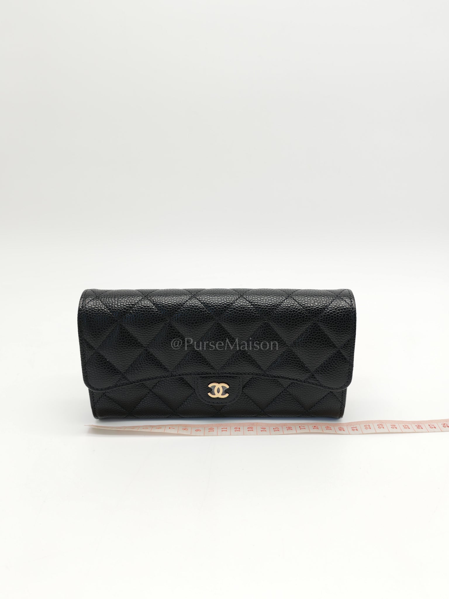 Classic Flap Long Wallet Black Caviar Leather in Light Gold Hardware (Microchip) | Purse Maison Luxury Bags Shop