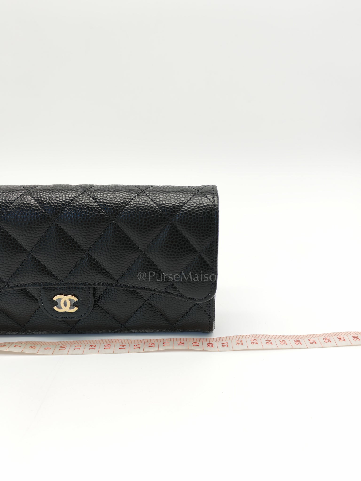 Classic Flap Long Wallet Black Caviar Leather in Light Gold Hardware (Microchip) | Purse Maison Luxury Bags Shop