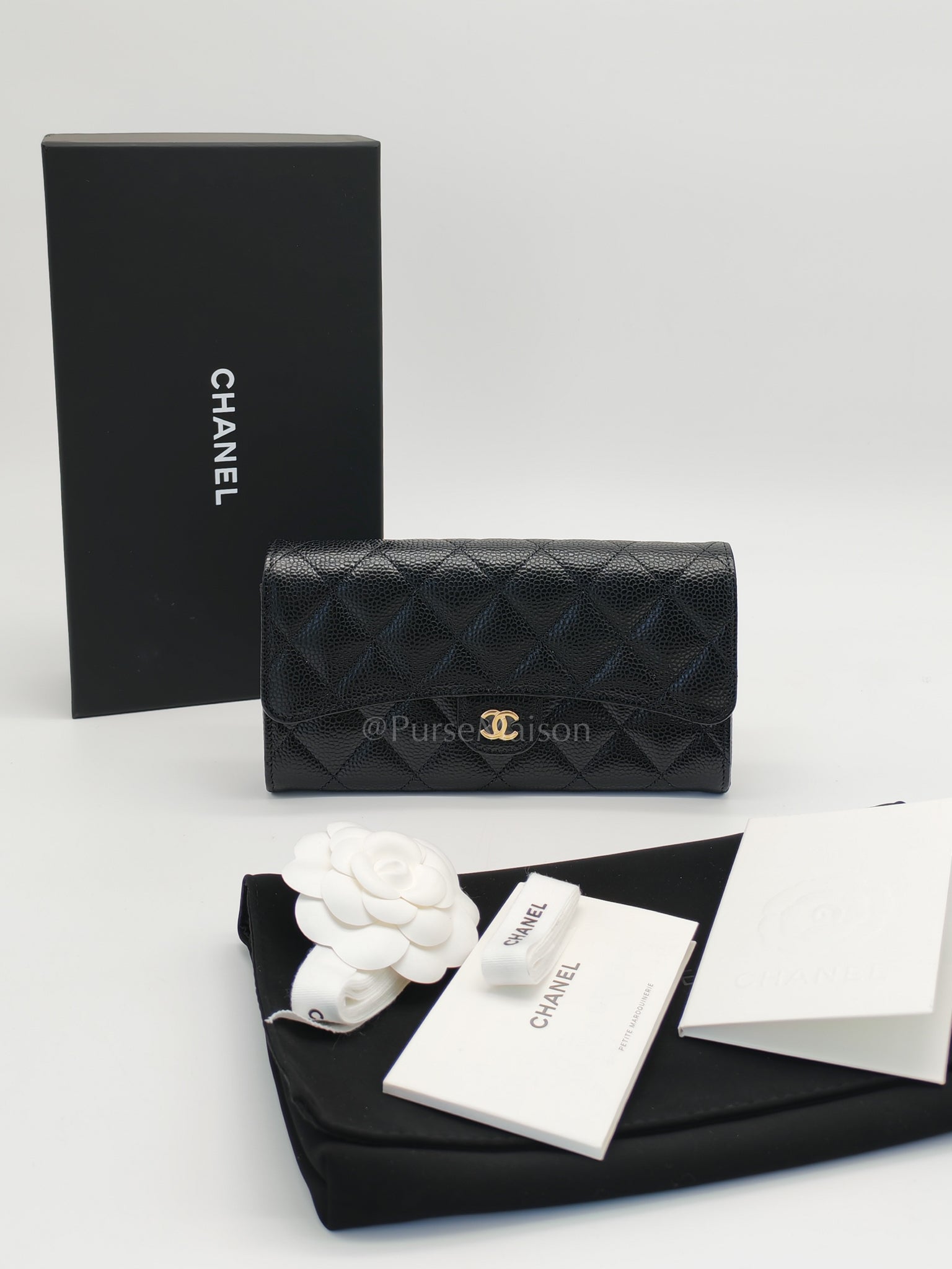 Classic Flap Long Wallet Black Caviar Leather in Light Gold Hardware (Microchip) | Purse Maison Luxury Bags Shop