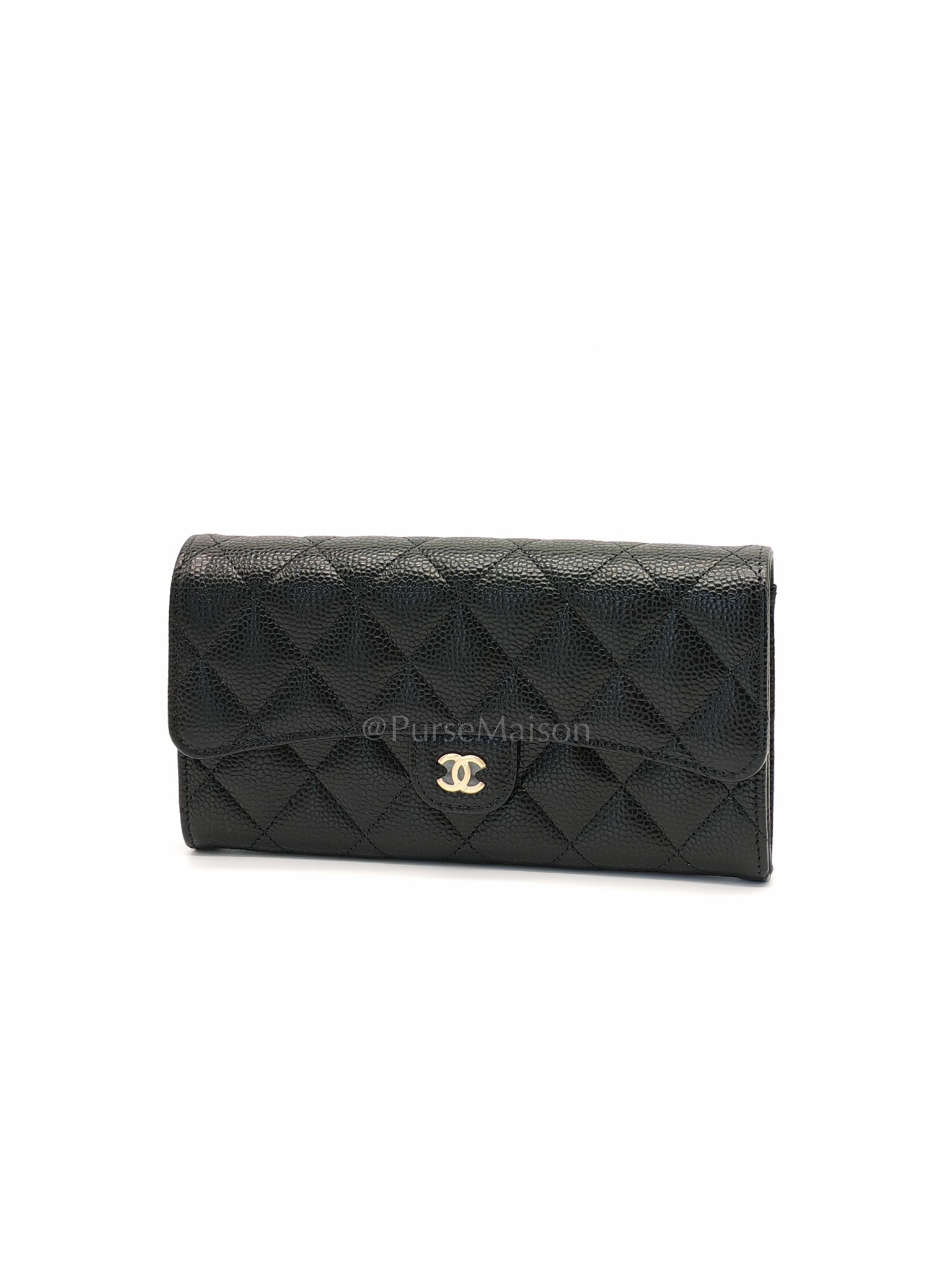 Classic Flap Long Wallet Black Caviar Leather in Light Gold Hardware (Microchip) | Purse Maison Luxury Bags Shop
