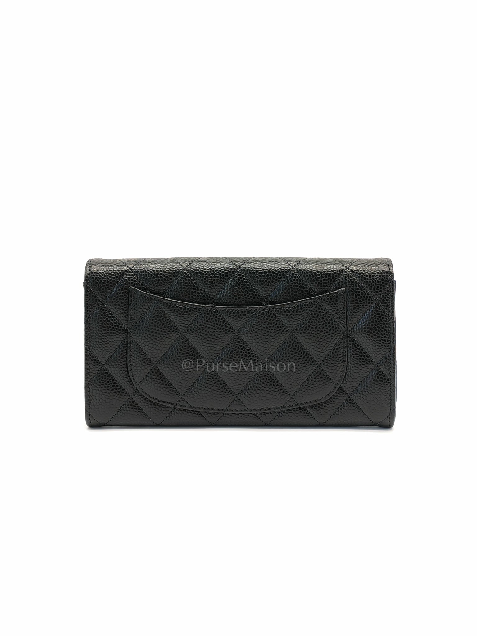 Classic Flap Long Wallet Black Caviar Leather in Light Gold Hardware (Microchip) | Purse Maison Luxury Bags Shop