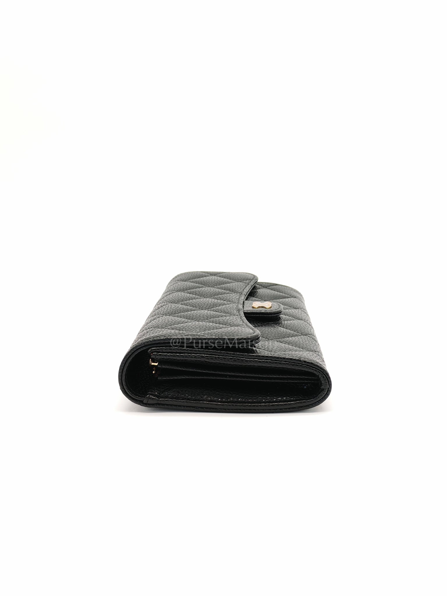 Classic Flap Long Wallet Black Caviar Leather in Light Gold Hardware (Microchip) | Purse Maison Luxury Bags Shop