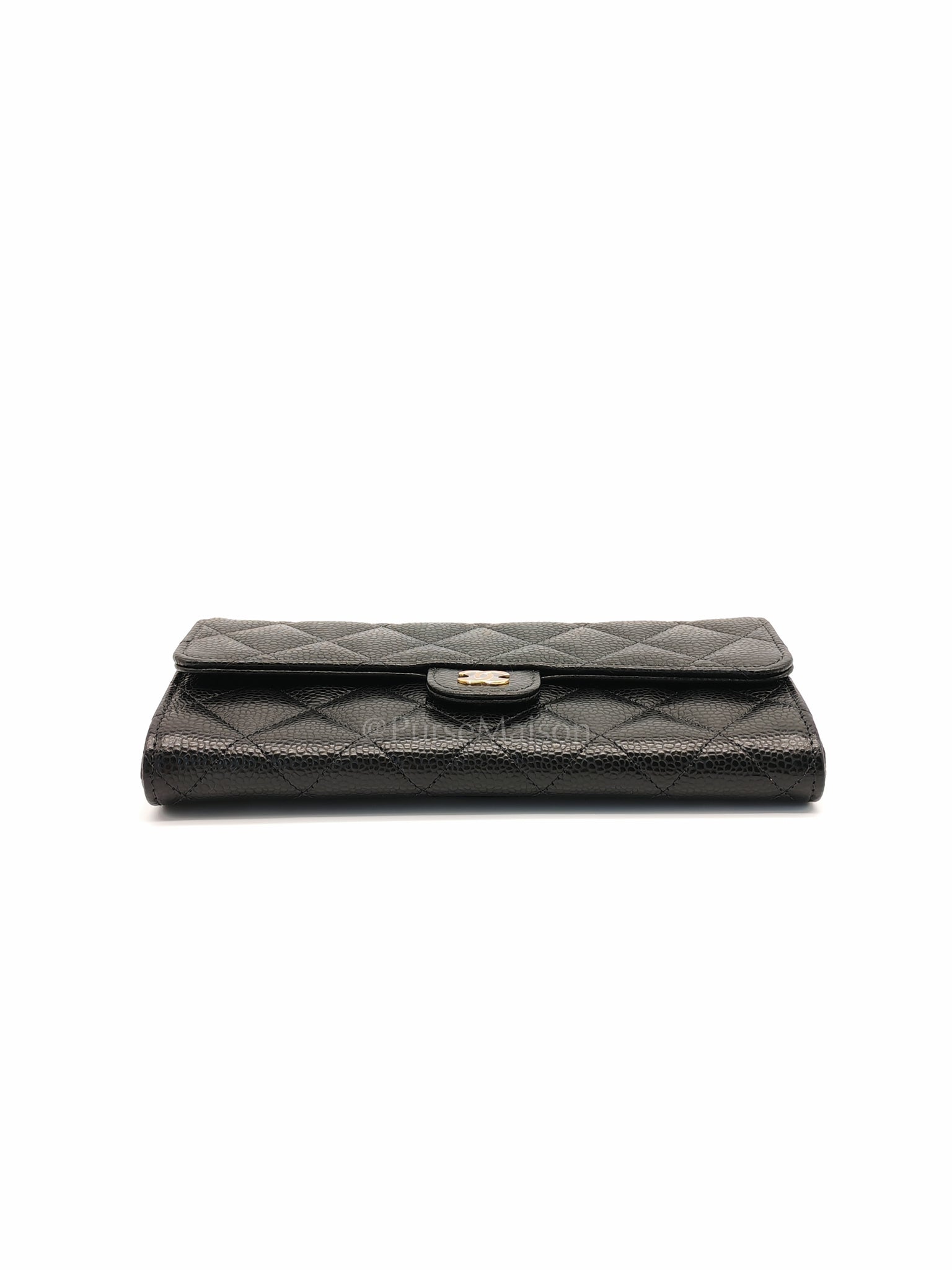 Classic Flap Long Wallet Black Caviar Leather in Light Gold Hardware (Microchip) | Purse Maison Luxury Bags Shop