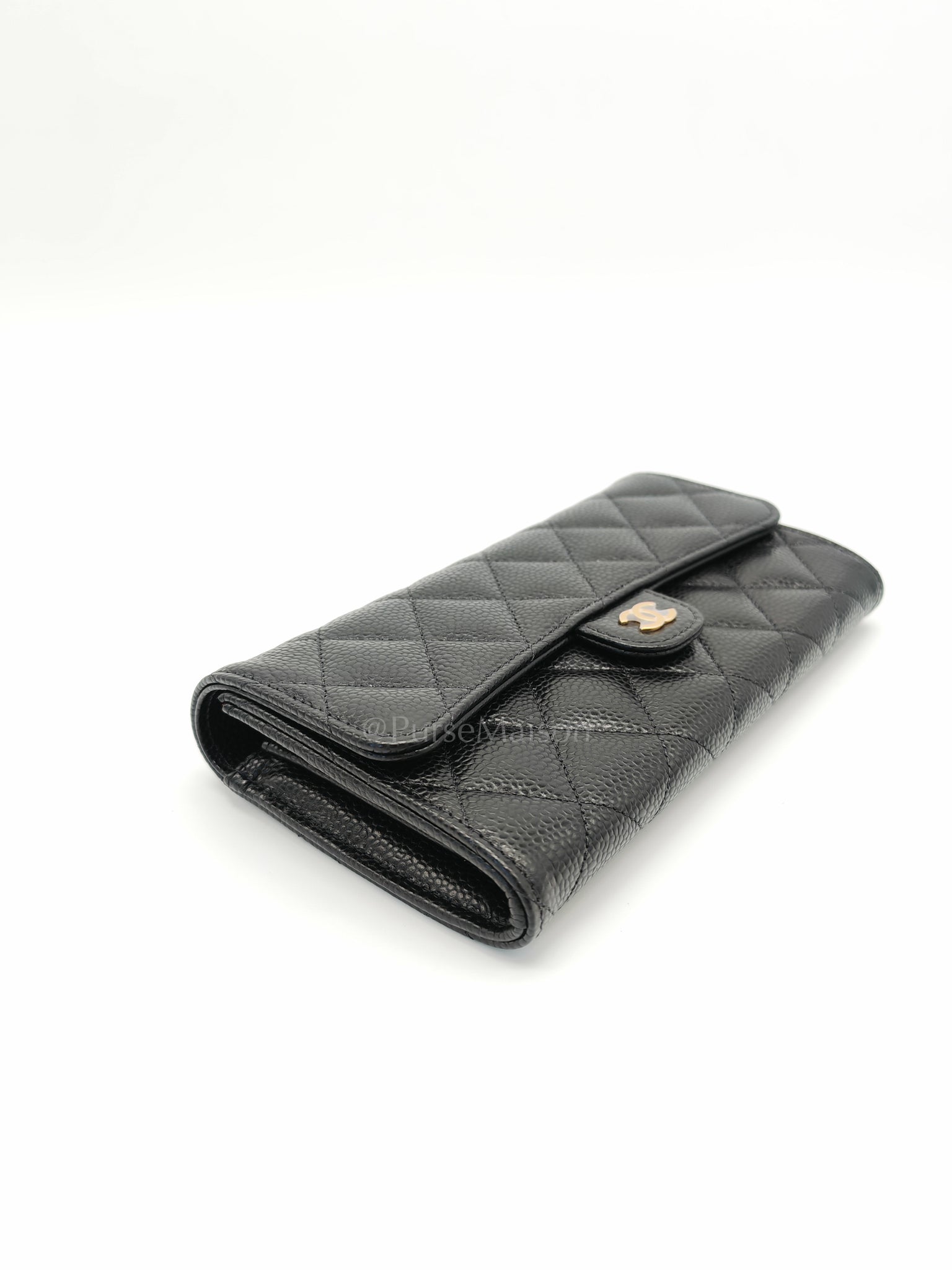 Classic Flap Long Wallet Black Caviar Leather in Light Gold Hardware (Microchip) | Purse Maison Luxury Bags Shop