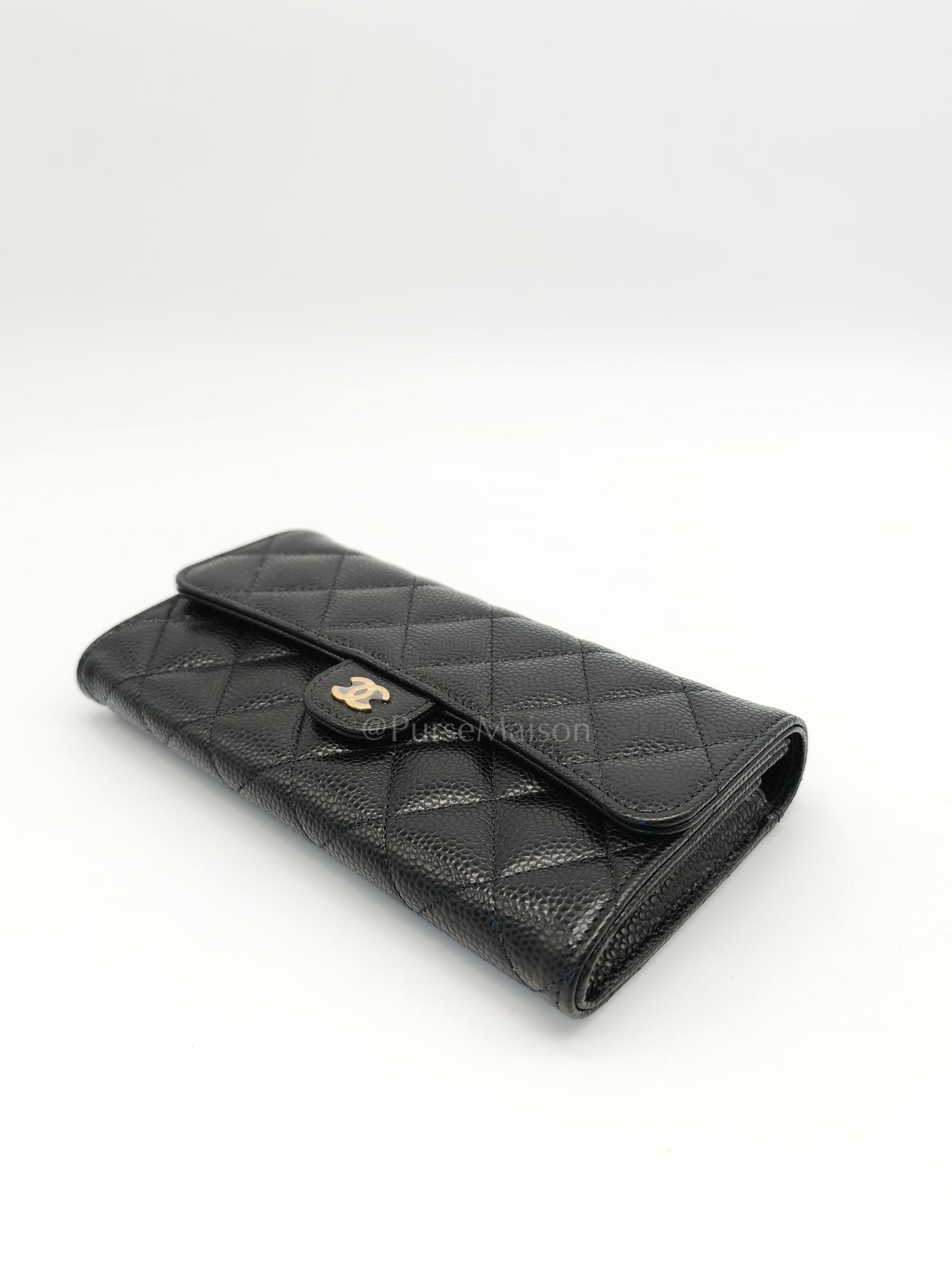 Classic Flap Long Wallet Black Caviar Leather in Light Gold Hardware (Microchip) | Purse Maison Luxury Bags Shop
