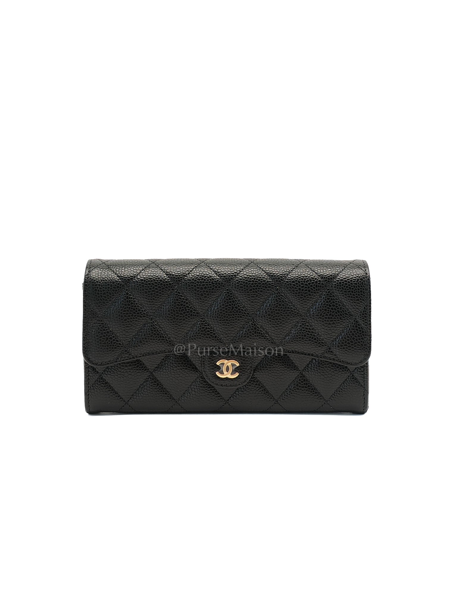 Classic Flap Long Wallet Black Caviar Leather in Light Gold Hardware (Microchip) | Purse Maison Luxury Bags Shop