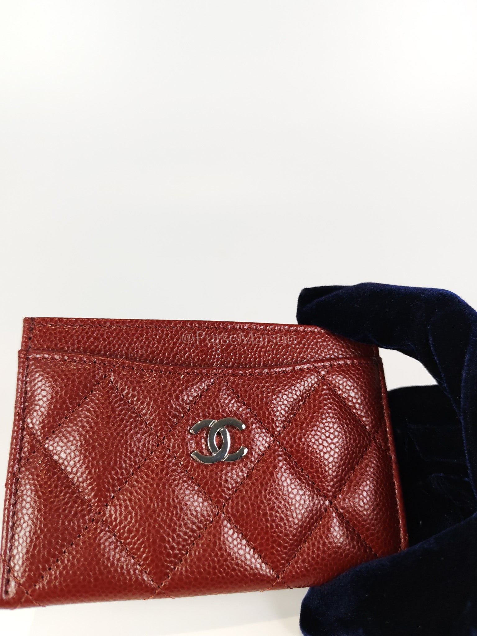 Classic Flat Card Holder in Burgundy Caviar Leather Silver Hardware (Series 30) | Purse Maison Luxury Bags Shop