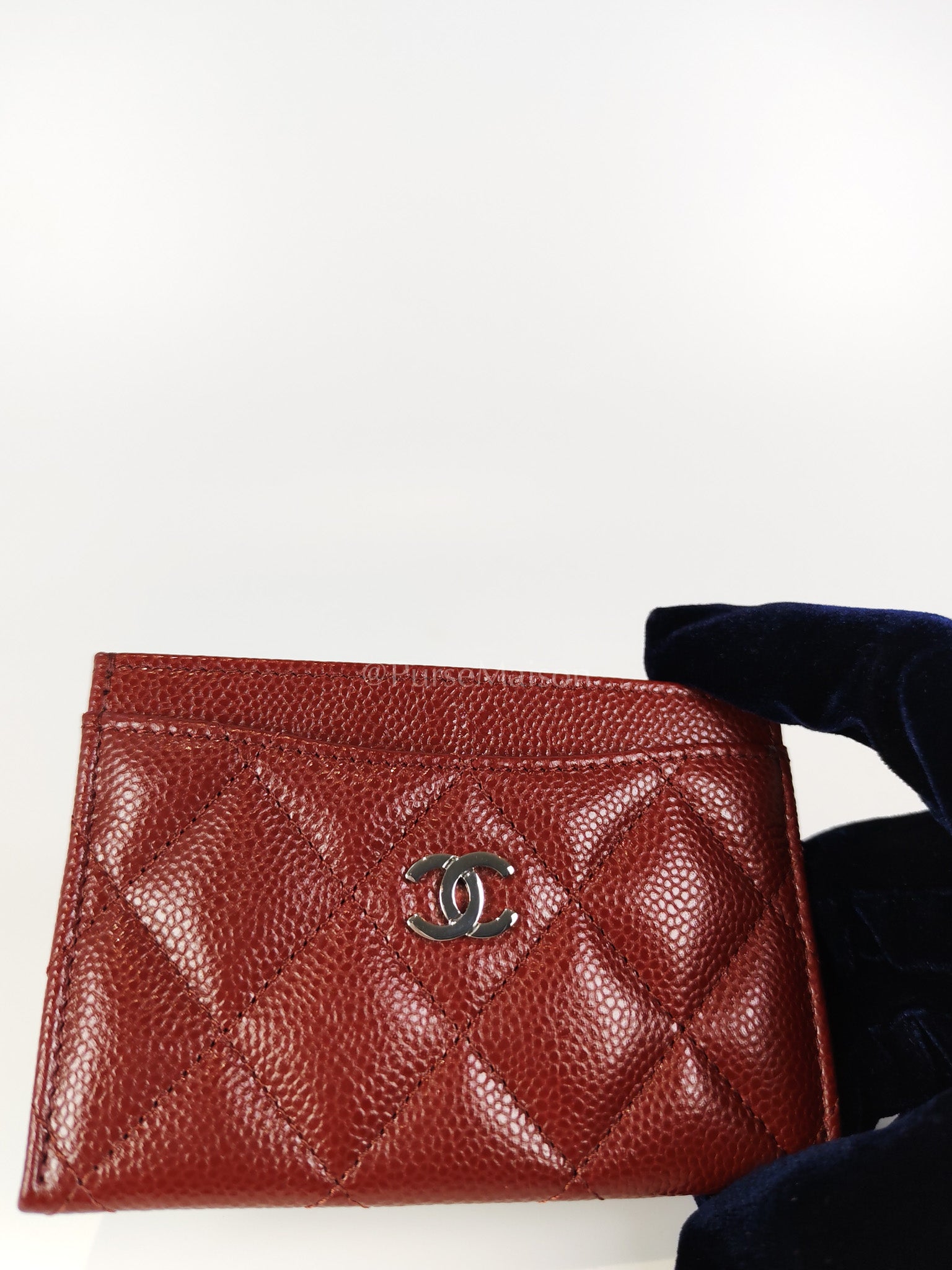 Classic Flat Card Holder in Burgundy Caviar Leather Silver Hardware (Series 30) | Purse Maison Luxury Bags Shop