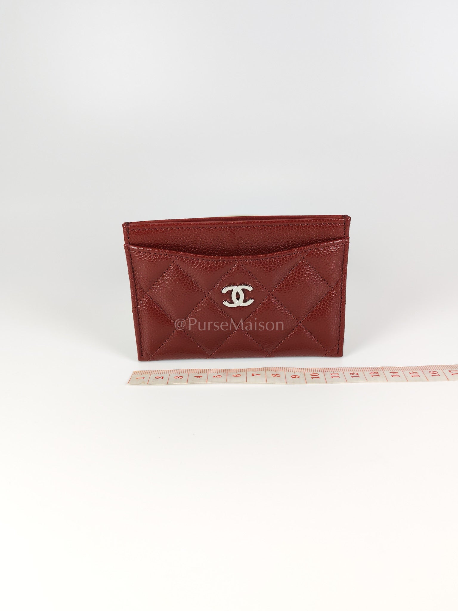 Classic Flat Card Holder in Burgundy Caviar Leather Silver Hardware (Series 30) | Purse Maison Luxury Bags Shop