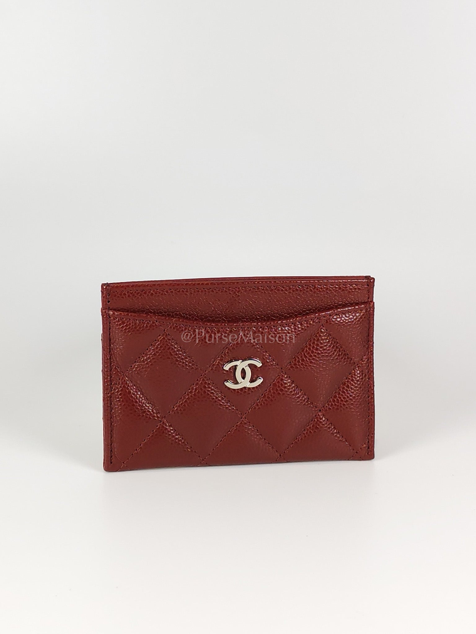 Classic Flat Card Holder in Burgundy Caviar Leather Silver Hardware (Series 30) | Purse Maison Luxury Bags Shop