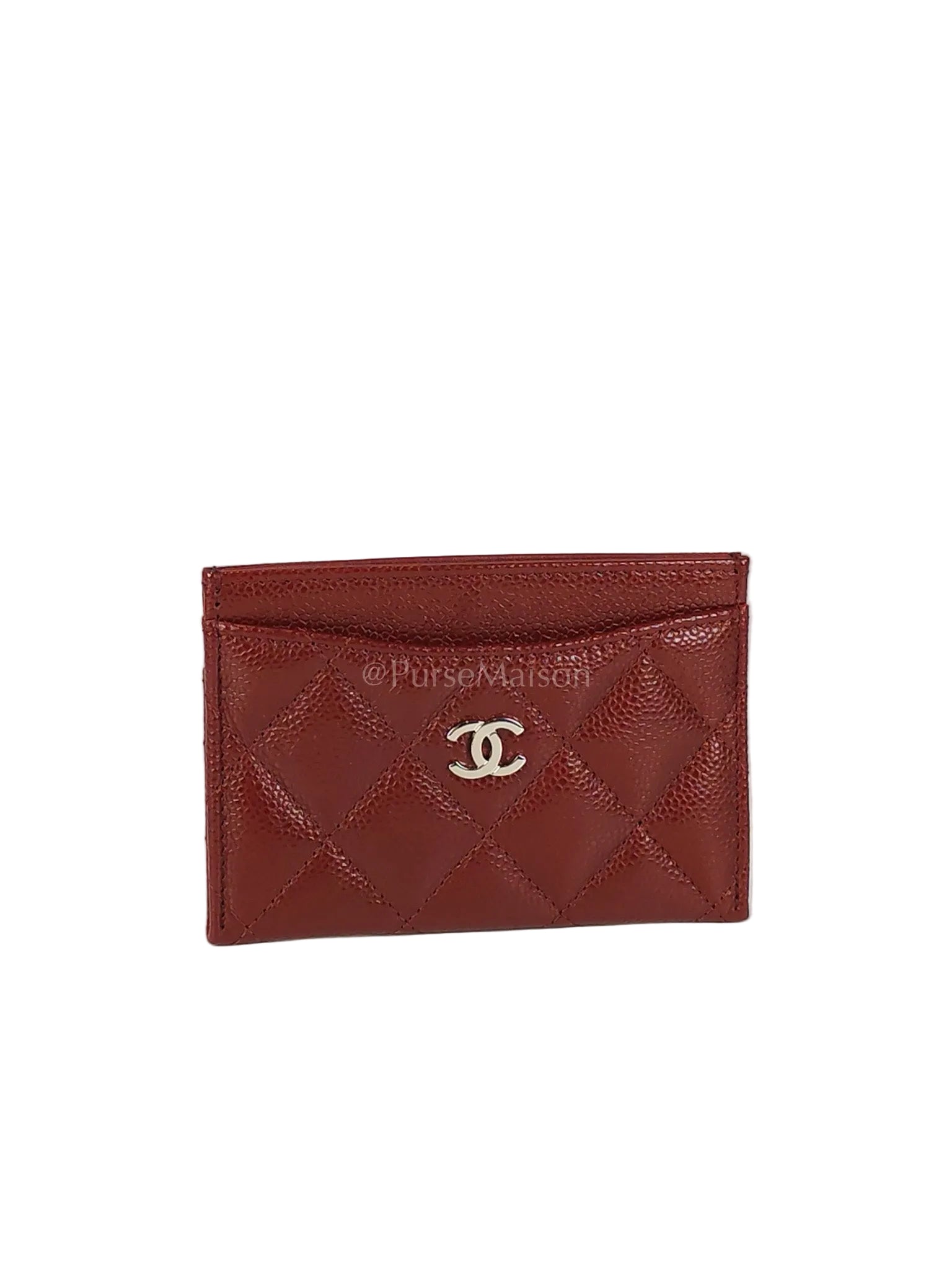 Classic Flat Card Holder in Burgundy Caviar Leather Silver Hardware (Series 30) | Purse Maison Luxury Bags Shop