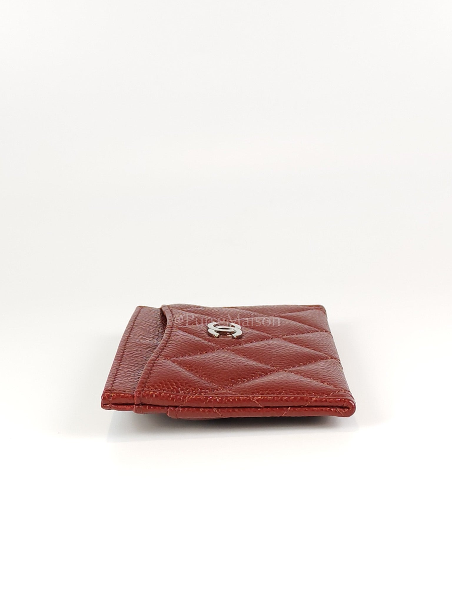 Classic Flat Card Holder in Burgundy Caviar Leather Silver Hardware (Series 30) | Purse Maison Luxury Bags Shop